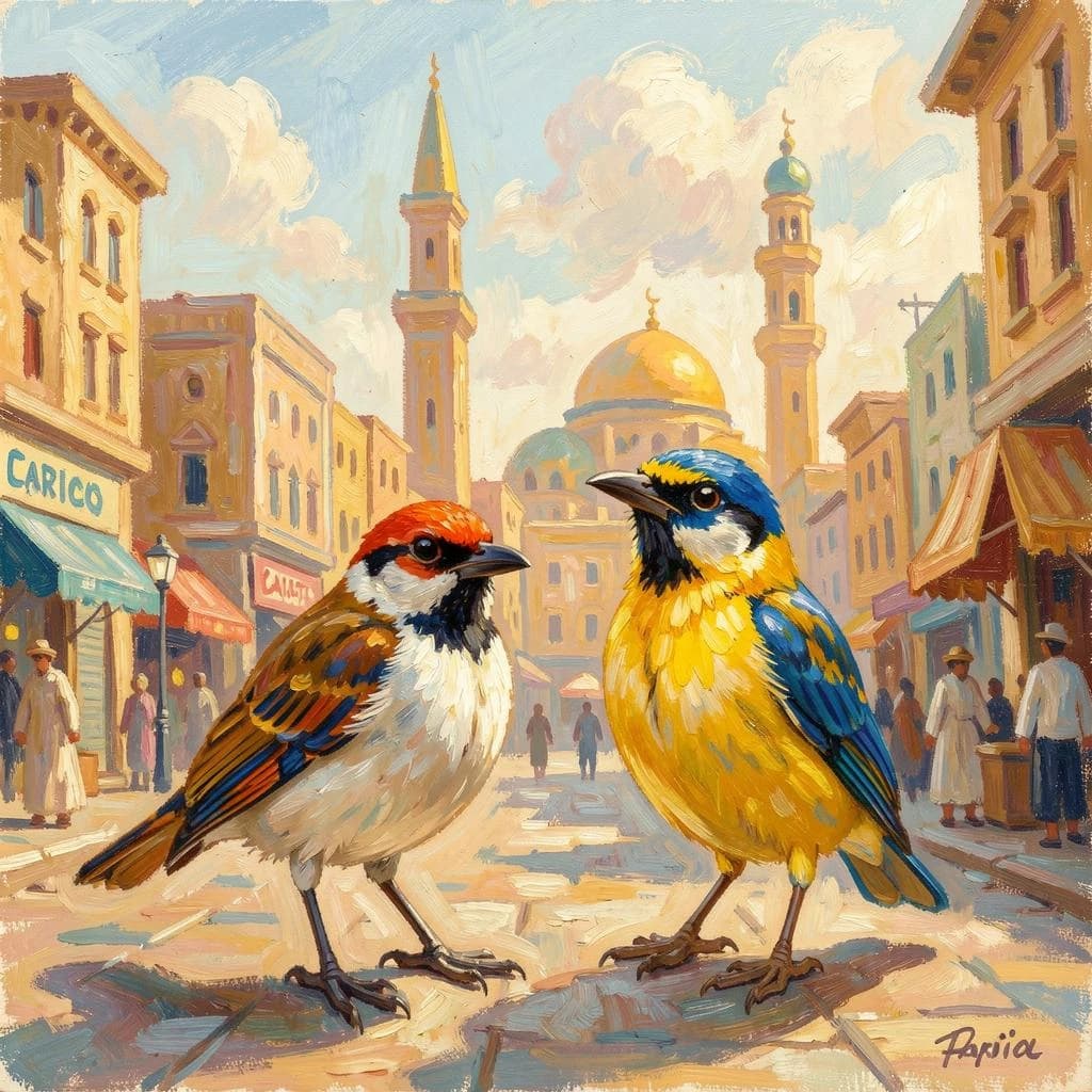 Scrub-Bird and Yellowtail in Cairo, Egypt in the style of impressionist
