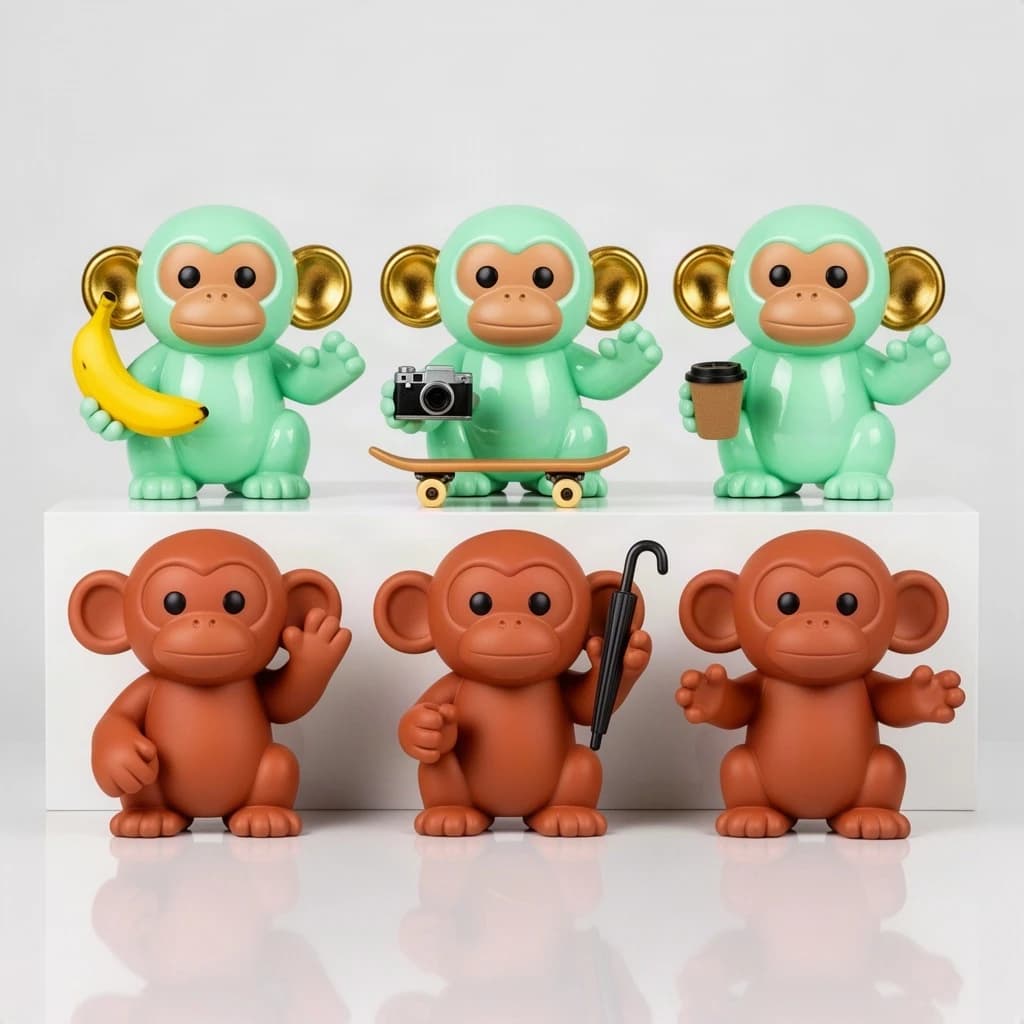 Vinyl designer toy photography: six monkey figures on a glossy white riser, arranged in two rows of three. The back row is glossy mint green, the front row matte terracotta. Each monkey holds a different thing: a banana, a tiny camera, a skateboard, a coffee cup, an umbrella, and the last one holds nothing at all with both hands raised. Only the mint monkeys have gold-painted ears. Crisp studio lighting, tight reflections on the vinyl.