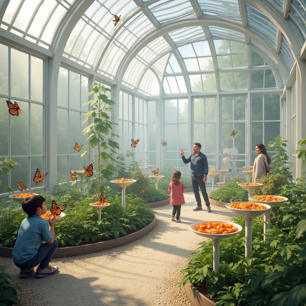 Interior render of a glasshouse butterfly conservatory, white cast iron arches and misted glass, humid morning light.
A raised planting bed spirals through the centre with a gravel path running around it. Five feeding stations on slim posts stand along the path, each holding a shallow dish of orange slices: monarch butterflies cluster on three of the dishes while two are untouched. Seven more monarchs rest on the milkweed in the bed and two are in flight above the path. Three visitors in the room, a child crouching at the nearest feeding station, an adult behind her pointing upward, and a guide standing at the far end beside an information board. Fine mist drifting near the roof vents. Physically based render.
