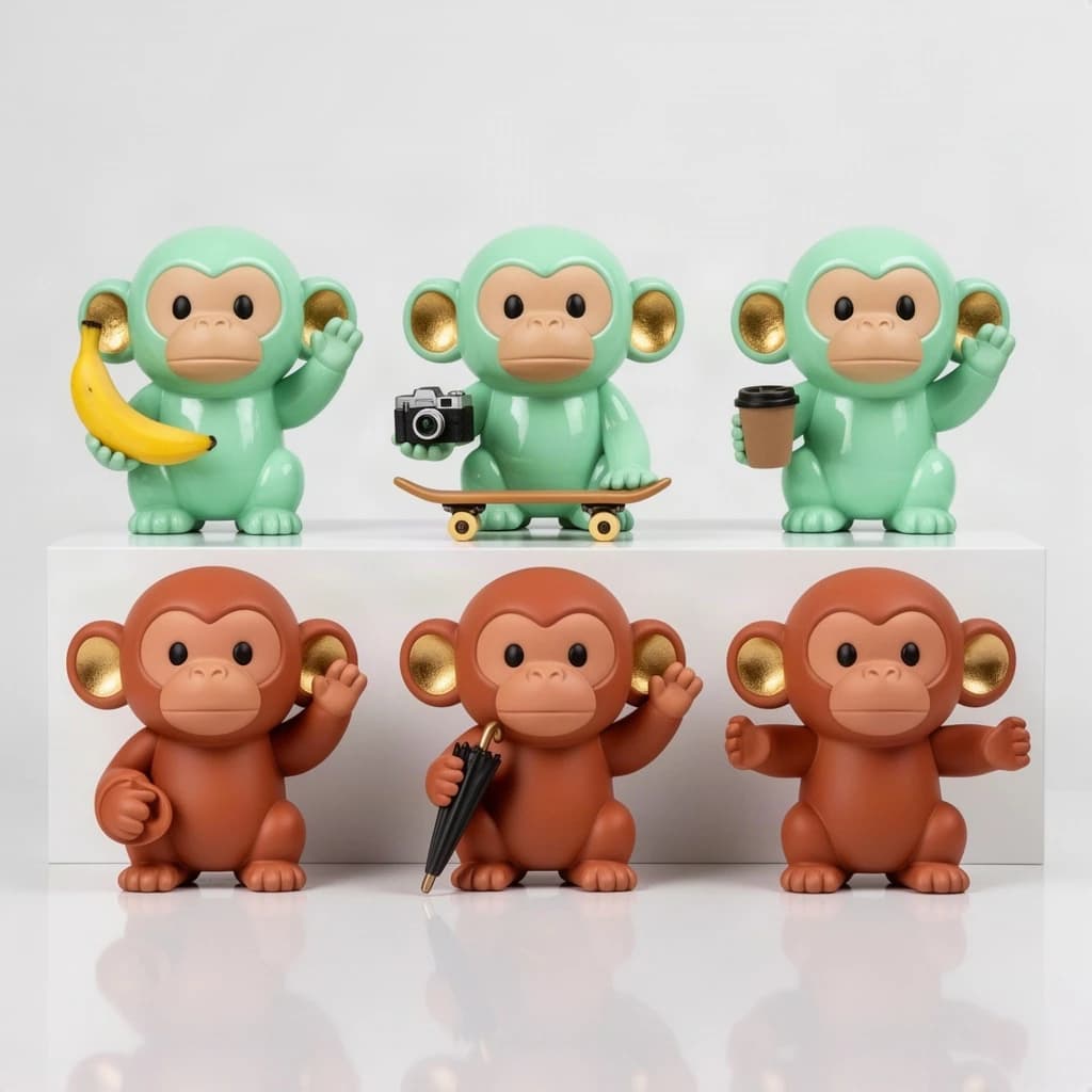Vinyl designer toy photography: six monkey figures on a glossy white riser, arranged in two rows of three. The back row is glossy mint green, the front row matte terracotta. Each monkey holds a different thing: a banana, a tiny camera, a skateboard, a coffee cup, an umbrella, and the last one holds nothing at all with both hands raised. Only the mint monkeys have gold-painted ears. Crisp studio lighting, tight reflections on the vinyl.