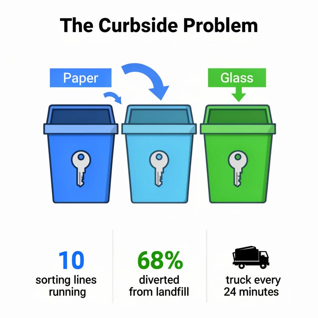 Flat vector illustration titled "The Curbside Problem". Three sorting bins with arrows to their destinations sits at the center, carrying two keyed regions, "Paper" shaded blue and "Glass" shaded green. Three stat chips run down a bottom row, reading "10 sorting lines running", "68% diverted from landfill" and "1 truck every 24 minutes". Each key color matches the shading of the region it names.