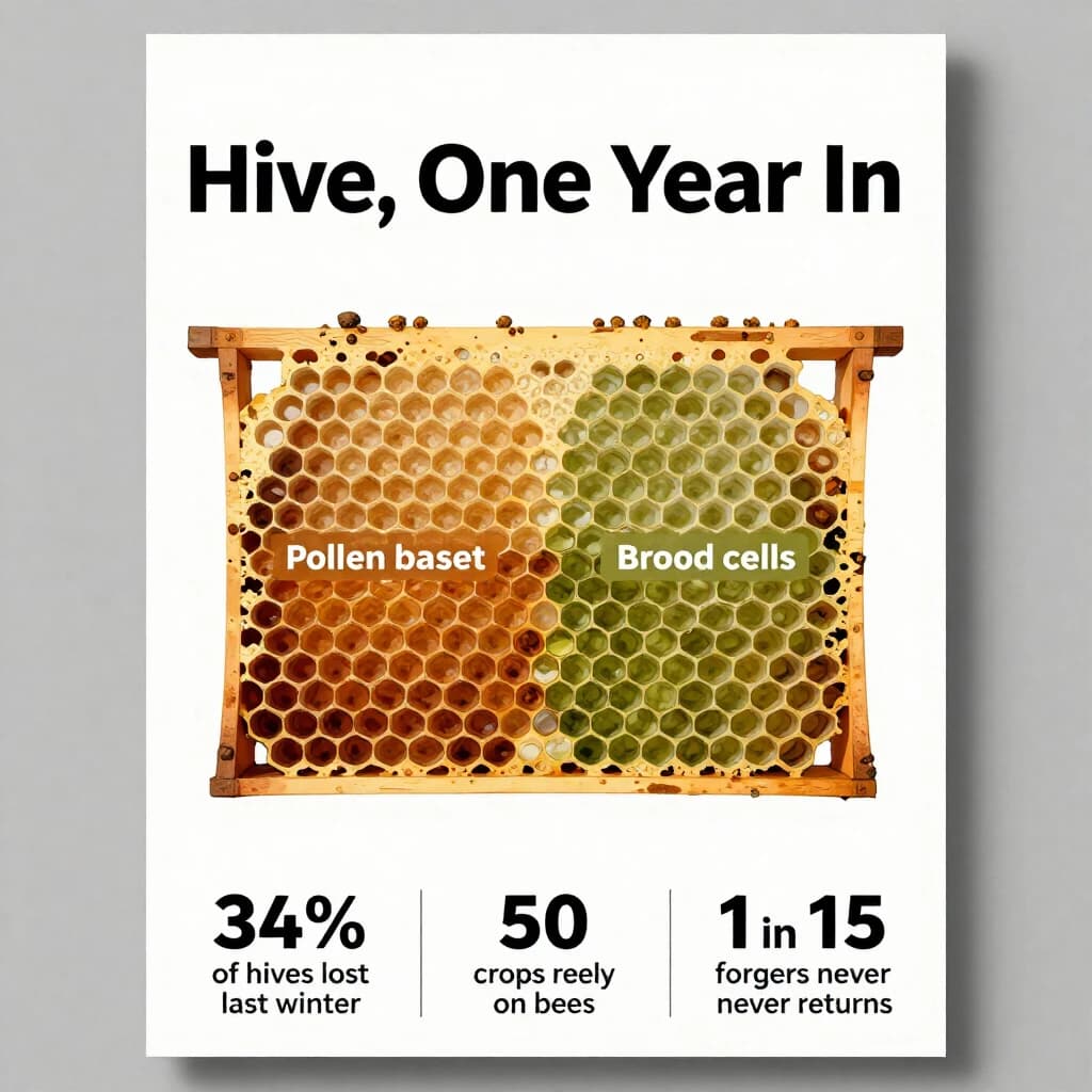 Printed poster titled "Hive, One Year In": at the center a cutaway of a hive frame, carrying two keyed regions, "Pollen basket" shaded amber and "Brood cells" shaded olive, beside a bottom row of three stat chips reading "34% of hives lost last winter", "50 crops rely on bees" and "1 in 15 foragers never returns".