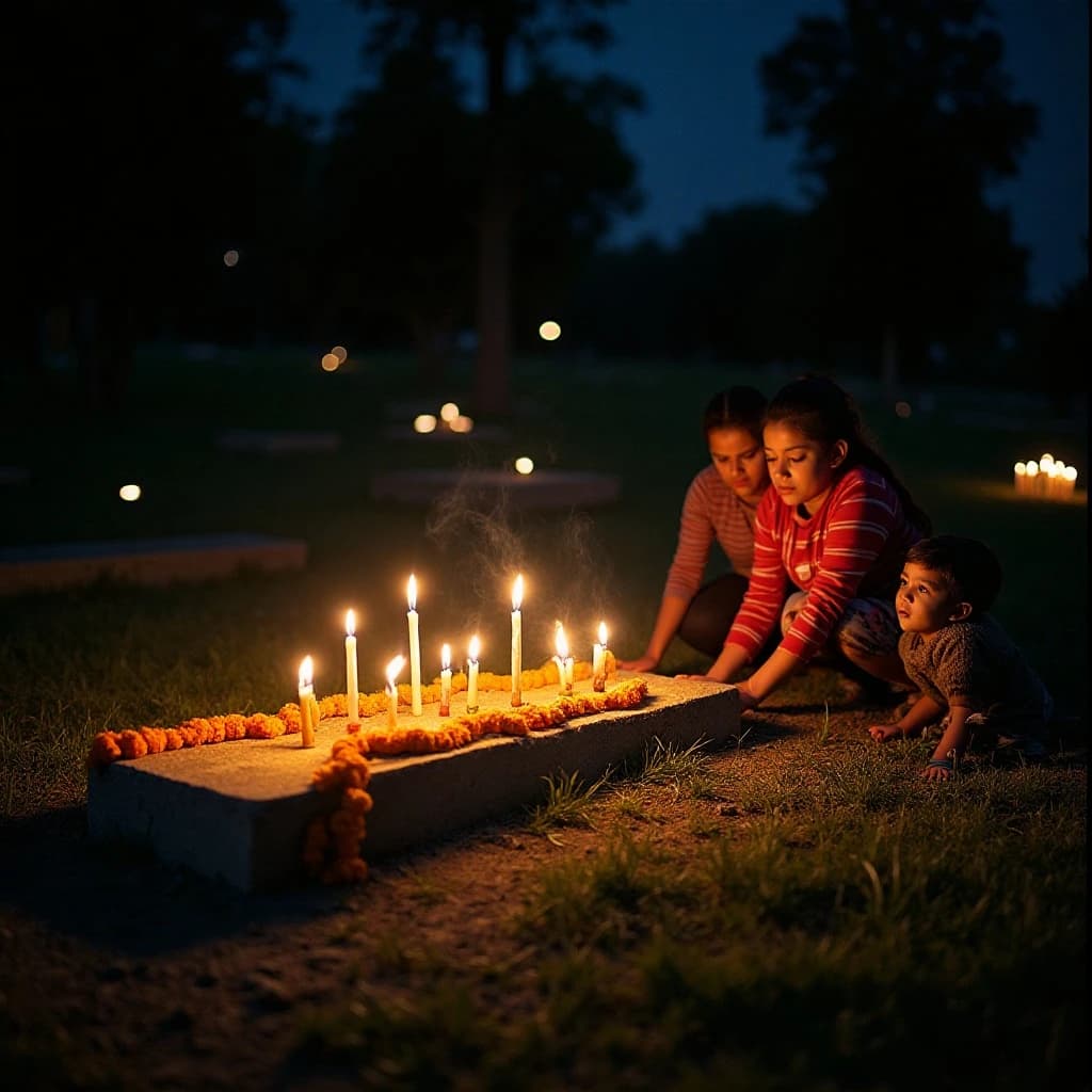 Photojournalism frame from a cemetery vigil at night: one grave slab carrying seven marigold garlands and nine lit candles, three of the candles guttered out and smoking, a grandmother and two children kneeling along the near edge.