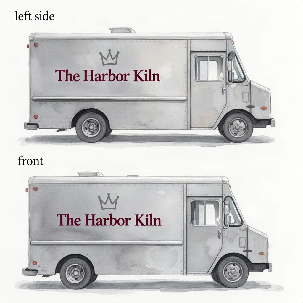 Watercolor of the same food truck drawn in two sides, captioned "left side" and "front", every side carrying the wordmark "The Harbor Kiln" with a simple crown outline beside it in the same maroon-and-gray coloring, only the side changing.