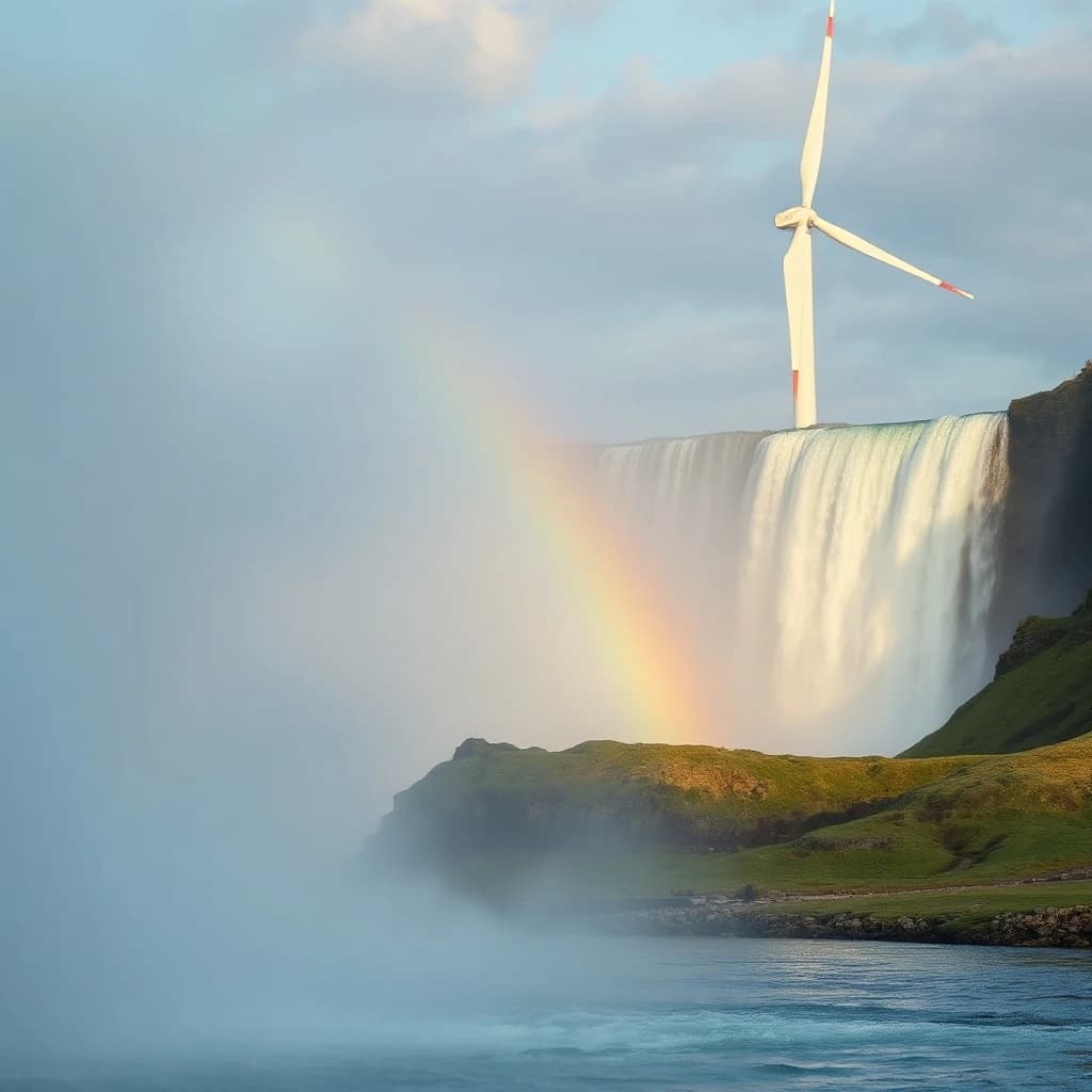 200mm f/1.4 close-up framing of a wind turbine beside a waterfall, lit by bounced light, deep focus, soft pastel color grade