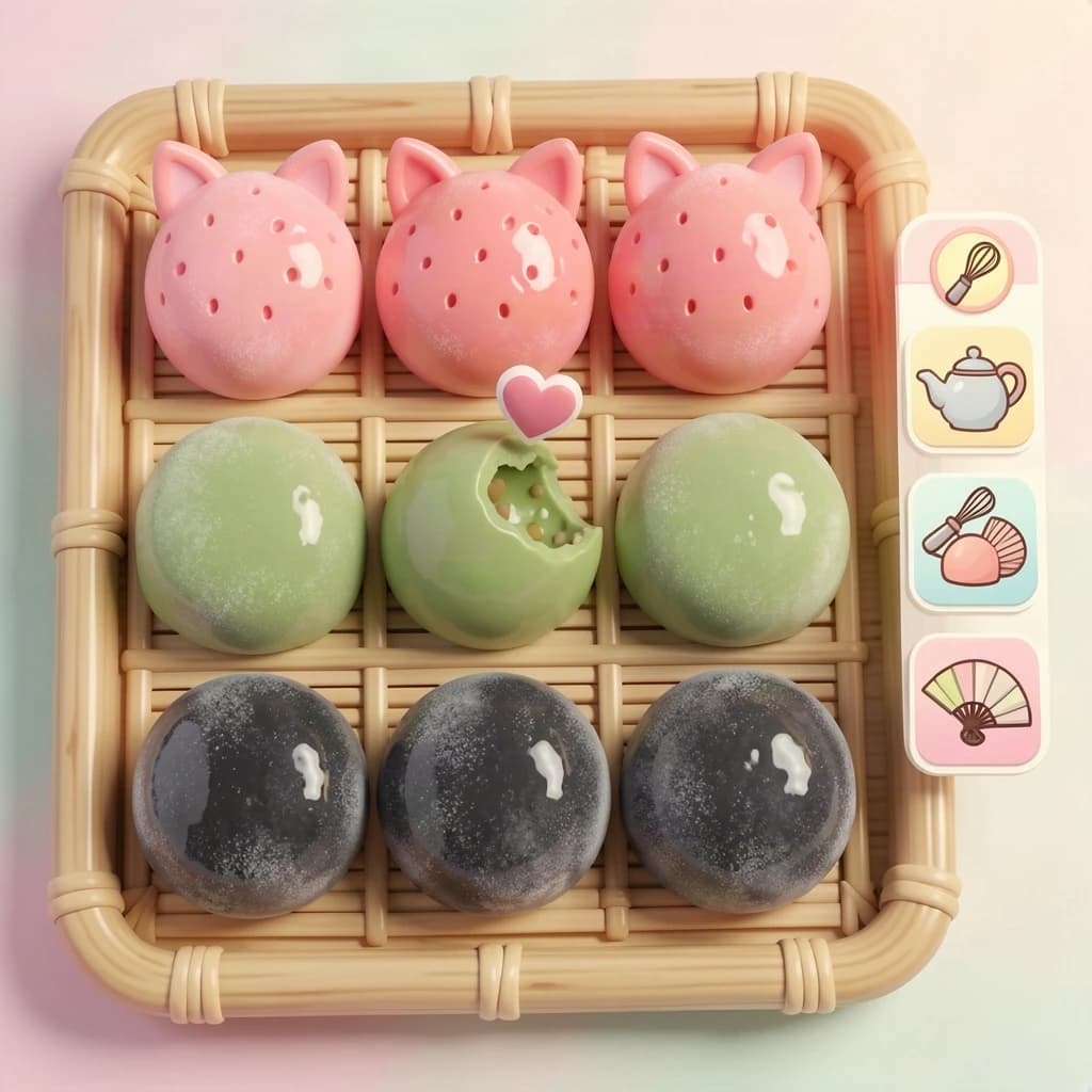 Match three board for a cozy sweets game, cute stylized 3D animation look. Nine mochi in a three by three grid on a bamboo tray: the top row strawberry pink, the middle row matcha green, the bottom row black sesame grey. The center green one has a bite taken out and a small heart icon floating above it. Two of the pink mochi wear tiny cat ears. To the right of the tray, a vertical strip of three power up icons, a whisk, a teapot and a fan. Soft pastel lighting, glossy dusted surfaces.