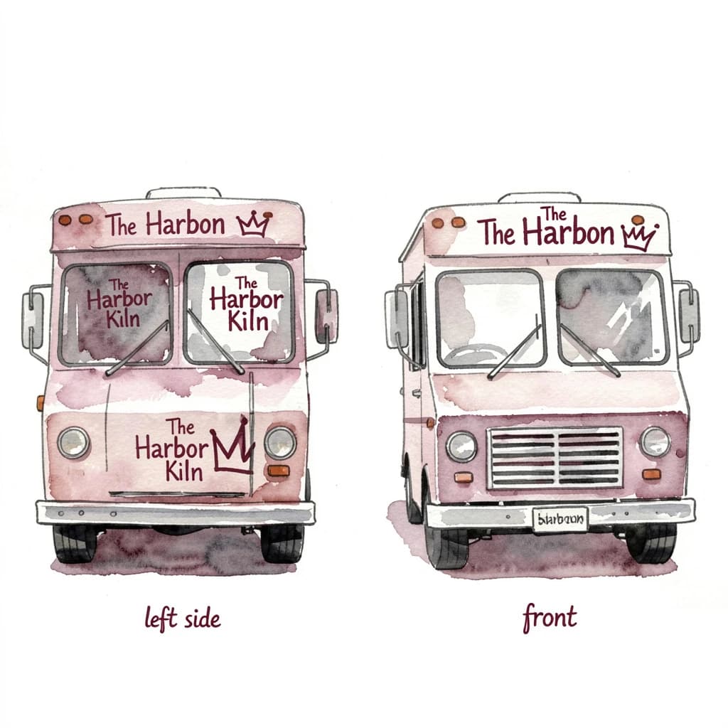 Watercolor of the same food truck drawn in two sides, captioned "left side" and "front", every side carrying the wordmark "The Harbor Kiln" with a simple crown outline beside it in the same maroon-and-gray coloring, only the side changing.