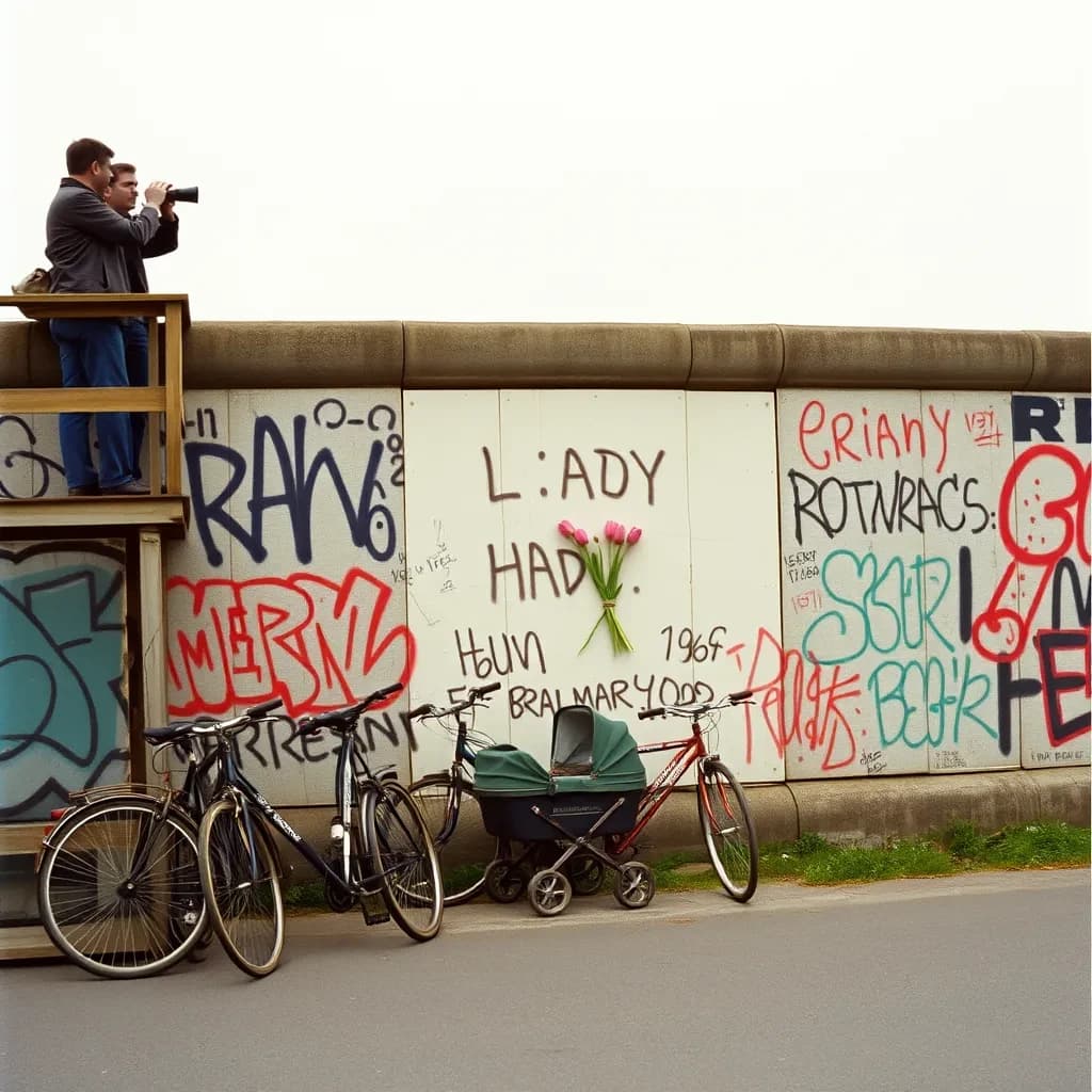 Shot on 1970s Kodachrome era color film, warm grain and slightly faded reds. A stretch of the Berlin Wall on a grey afternoon, covered in overlapping graffiti with one clean unpainted panel in the middle. Three people stand on a wooden viewing platform at the left, two of them looking over the top through binoculars while the third has turned back toward the camera with a cigarette. Four bicycles lean along the base of the wall, three upright and one fallen on its side. A pram is parked below the clean panel with a small bunch of tulips wedged into a crack above it. No cars in the frame.