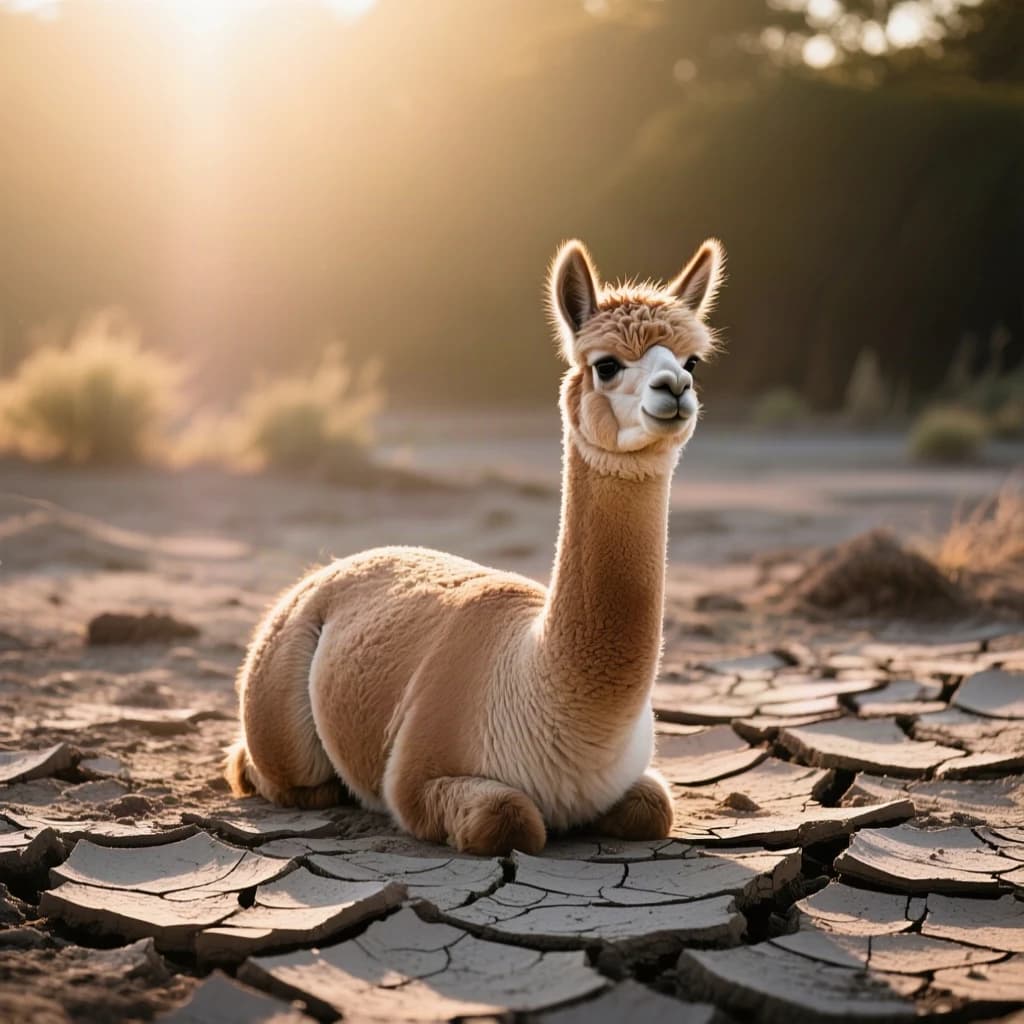 quiet alpaca on cracked earth, backlit