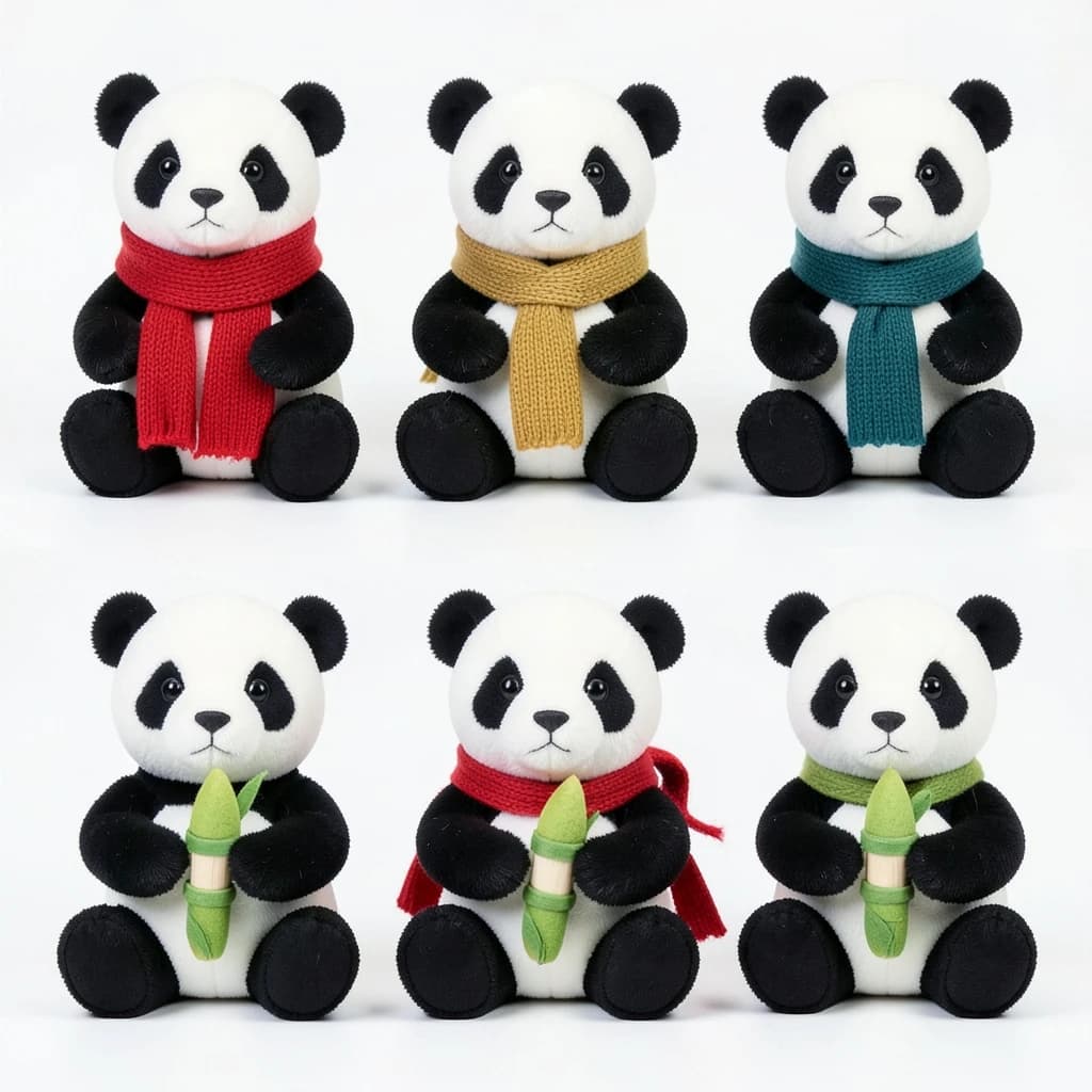Studio product photography, plain white variant grid: six panda plushes in two rows of three, all seated facing camera. The top row wears knit scarves in red, mustard and teal. The bottom three wear no scarves, each holding a small felt bamboo shoot.