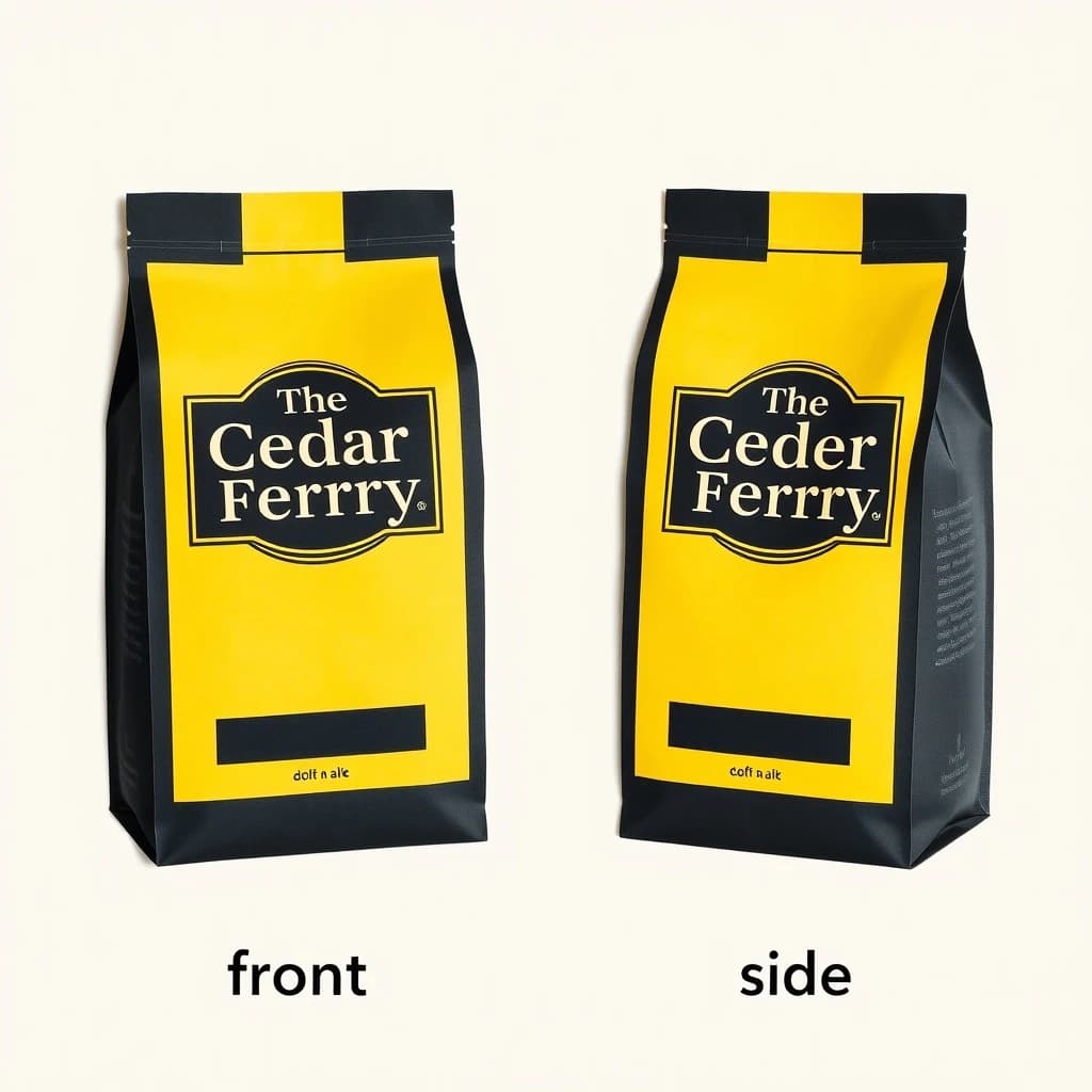 Cut-paper collage: one coffee bag in two views. The views are captioned "front" and "side" in that order. The wordmark "The Cedar Ferry" appears on every view. The black-and-yellow coloring is the same across every view, and only the angle changes.