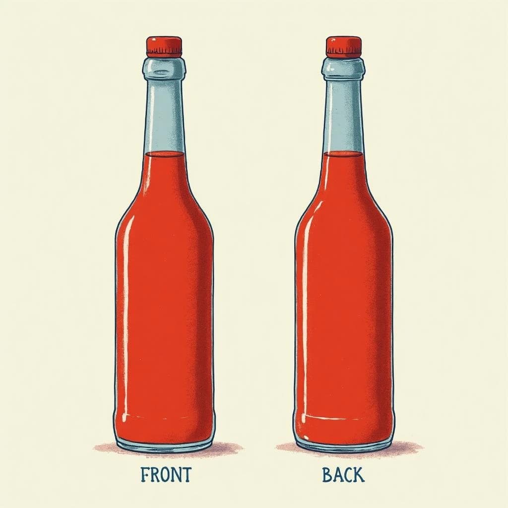 Printed poster of the same hot-sauce bottle drawn in two views, captioned "front" and "back", every view carrying the wordmark "Glass & Row" with a single droplet symbol beside it in the same blue-and-silver coloring, only the angle changing.