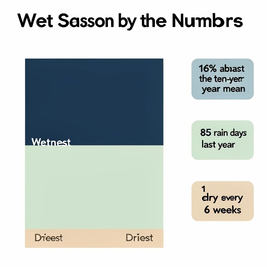 Flat vector illustration titled "Wet Season by the Numbers". A twelve-month rainfall timeline sits at the center, carrying three keyed regions, "Wettest" shaded dark blue, "Average" shaded pale green and "Driest" shaded sand. Three stat chips run down a right column, reading "16% above the ten-year mean", "85 rain days last year" and "1 dry spell every 6 weeks". Each key color matches the shading of the region it names.