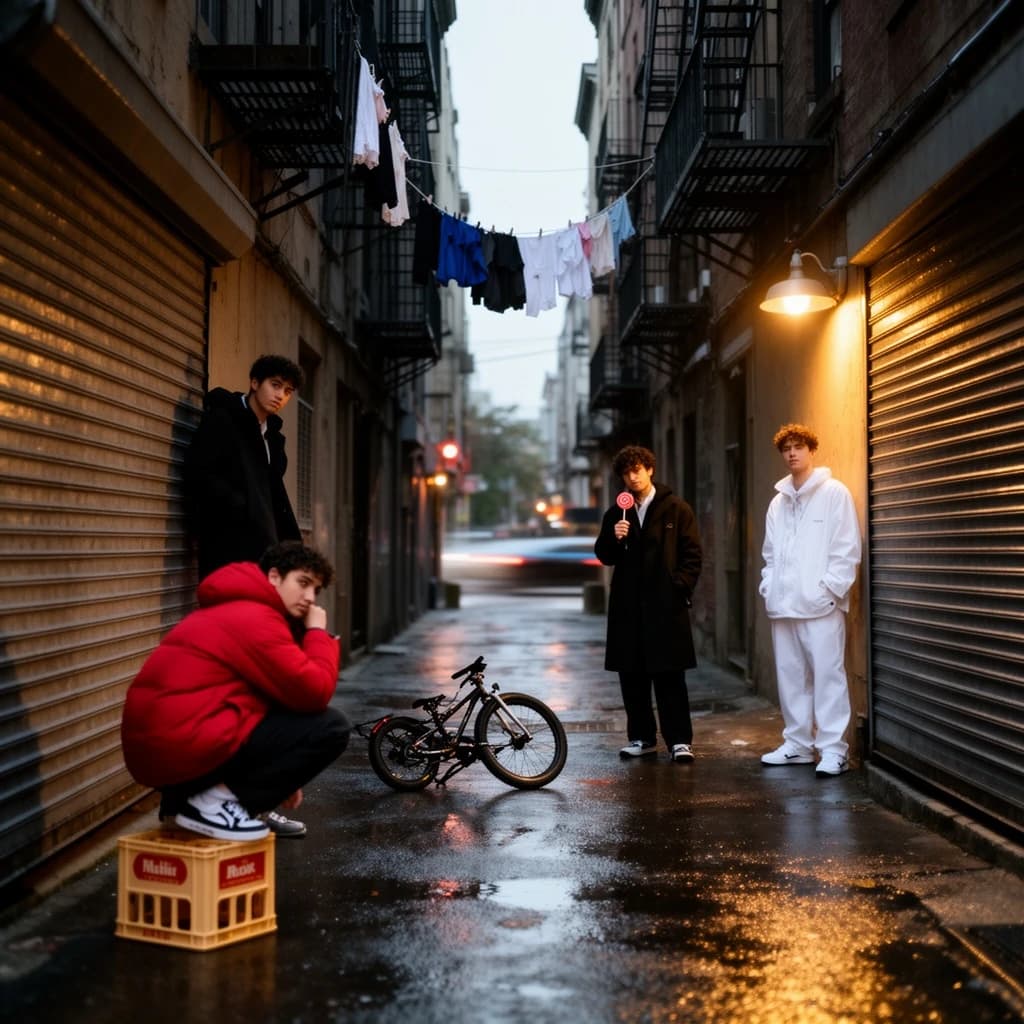 Cinematic photograph for a streetwear campaign, shot straight down a narrow rain-slick alleyway at dusk. Four models spread through the depth of the frame: the nearest crouches on a milk crate in a red puffer, two stand mid-alley in matching black coats, one leaning on a roll-up shutter and one holding a lollipop, and the farthest stands under the single working lamp in white. Three of the six fire escapes above carry laundry lines; the rest are bare. A delivery bike lies on its side between the two middle models. Blurred street traffic only at the far end.