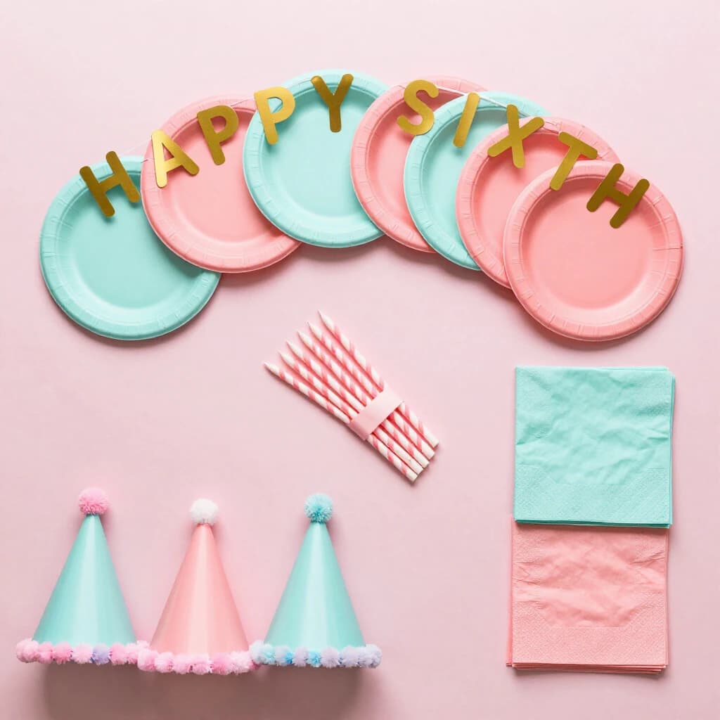 Flat lay photograph on pale pink paper, lit softly from above.
Eight paper plates fanned in an arc across the top of the frame, alternating mint and coral, four of each, mint first from the left.
Below the arc, twelve striped candles bundled under a paper band, laid diagonally.
Three cone party hats stacked at the lower left, only the middle hat trimmed with a pom pom.
At the lower right, six folded napkins in two piles of three, one pile mint and one coral.
A paper banner strung across the very top spells "HAPPY SIXTH" in gold letters, a few letters overlapping the plate arc.