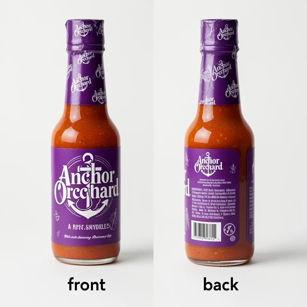 Printed poster: one hot-sauce bottle in two views. The views are captioned "front" and "back" in that order. The wordmark "Anchor Orchard" appears on every view. The purple-and-white coloring is the same across every view, and only the angle changes.