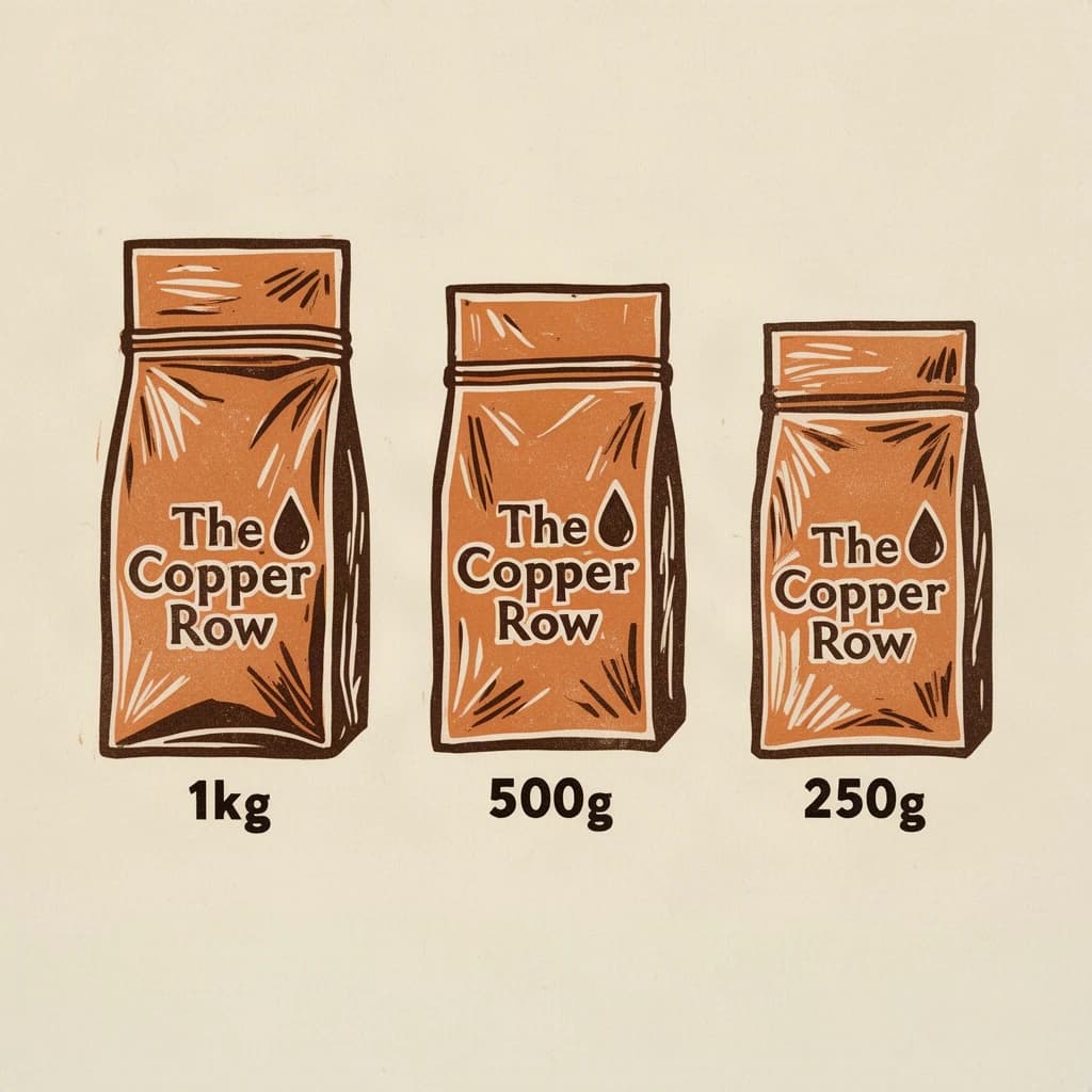 Linocut print: one coffee bag in three sizes. The sizes are captioned "1kg", "500g" and "250g" in that order. The wordmark "The Copper Row" appears on every size with a single droplet symbol beside it. The orange-and-brown coloring is the same across every size, and only the bag size changes.