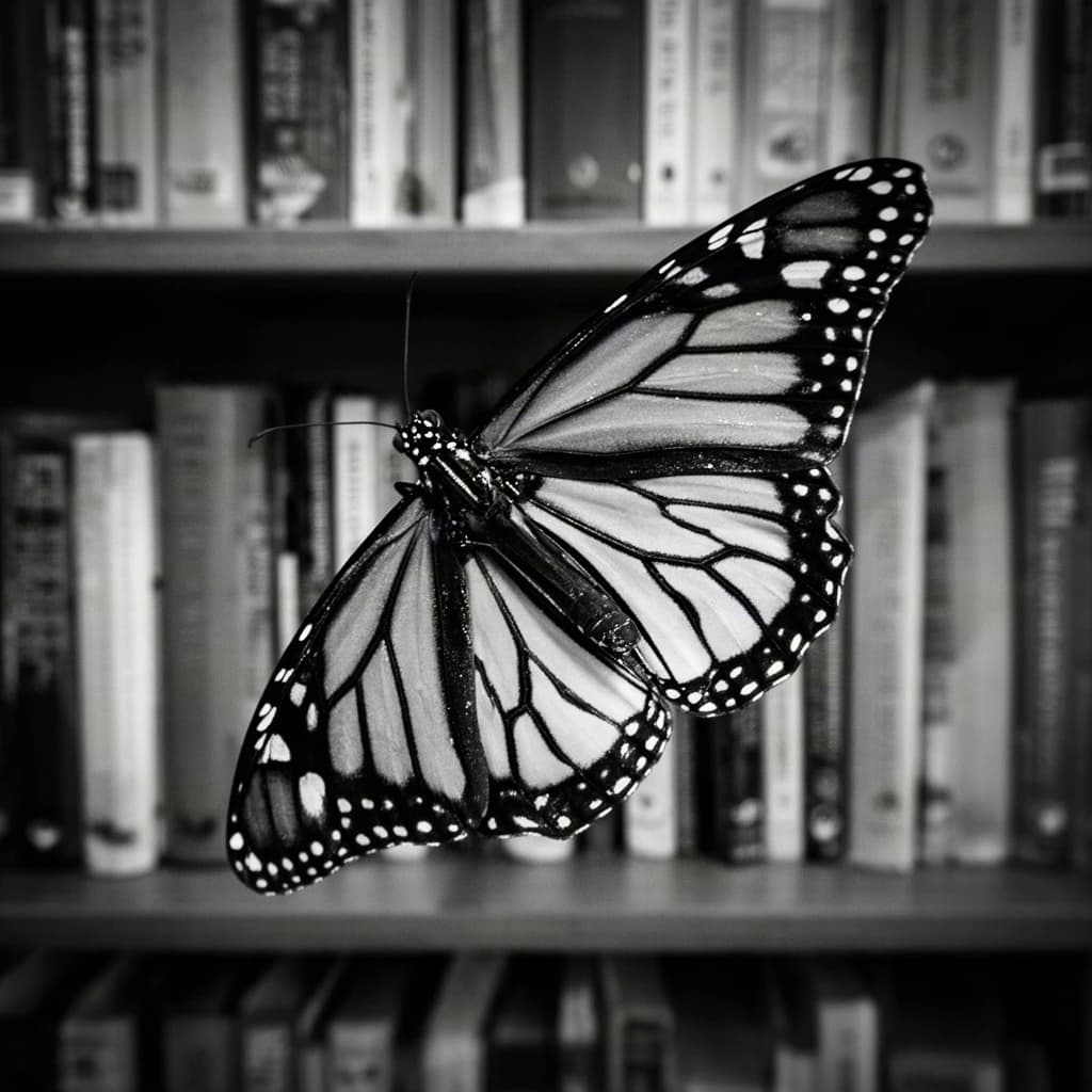 24mm f/2.8 full-length framing of a monarch butterfly in a quiet library, side-lit, natural lens compression, high-contrast black-and-white look