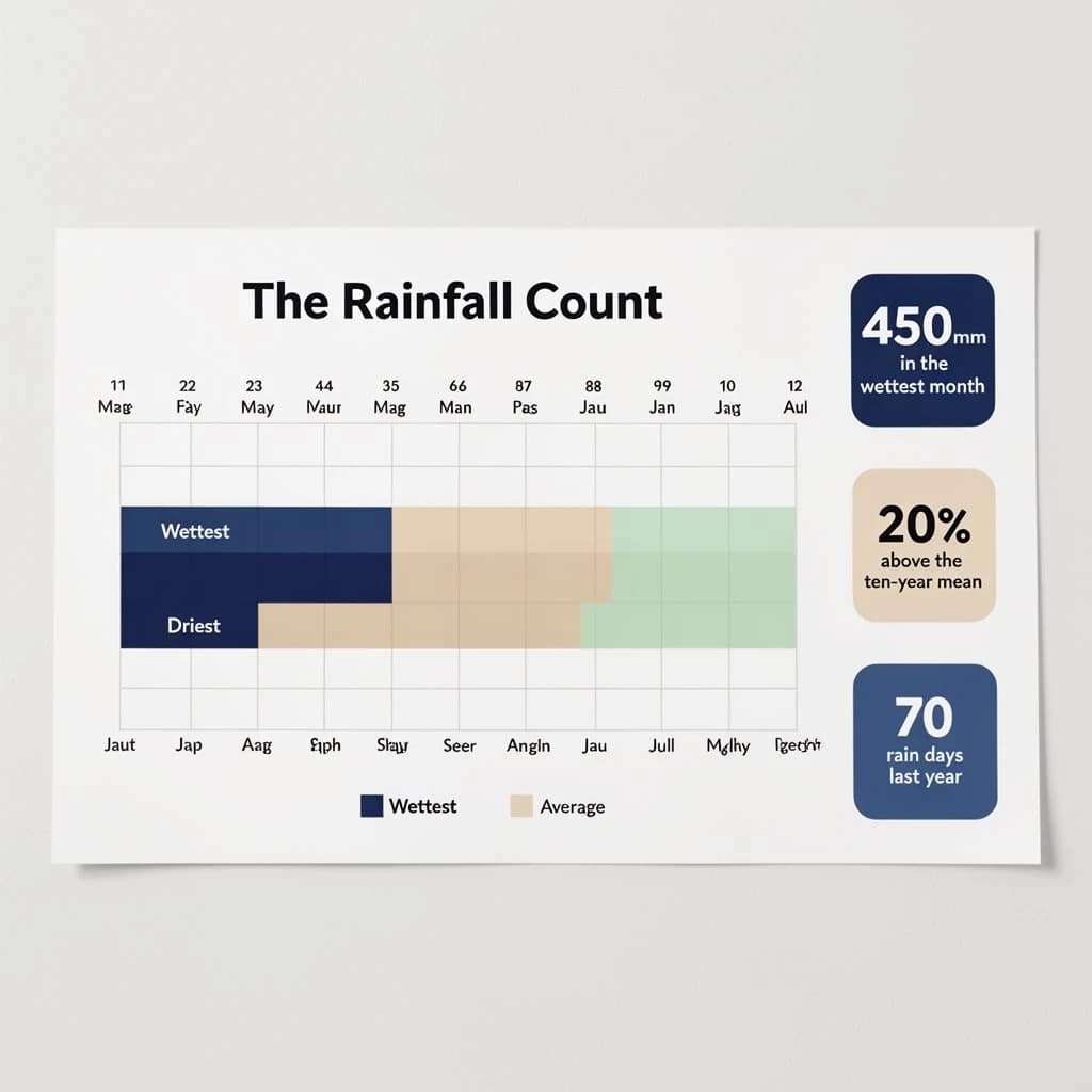Printed poster titled "The Rainfall Count": at the center a twelve-month rainfall timeline, carrying three keyed regions, "Wettest" shaded dark blue, "Driest" shaded sand and "Average" shaded pale green, beside a right column of three stat chips reading "450mm in the wettest month", "20% above the ten-year mean" and "70 rain days last year".