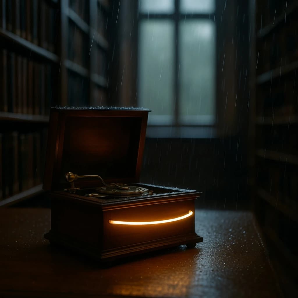 The quiet second when a music box takes on a thin rim of warm light, in a quiet library, in light rain.