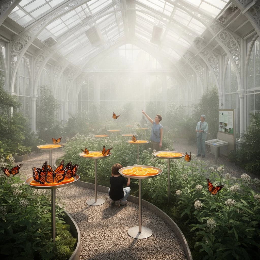 Interior render of a glasshouse butterfly conservatory, white cast iron arches and misted glass, humid morning light.
A raised planting bed spirals through the centre with a gravel path running around it. Five feeding stations on slim posts stand along the path, each holding a shallow dish of orange slices: monarch butterflies cluster on three of the dishes while two are untouched. Seven more monarchs rest on the milkweed in the bed and two are in flight above the path. Three visitors in the room, a child crouching at the nearest feeding station, an adult behind her pointing upward, and a guide standing at the far end beside an information board. Fine mist drifting near the roof vents. Physically based render.