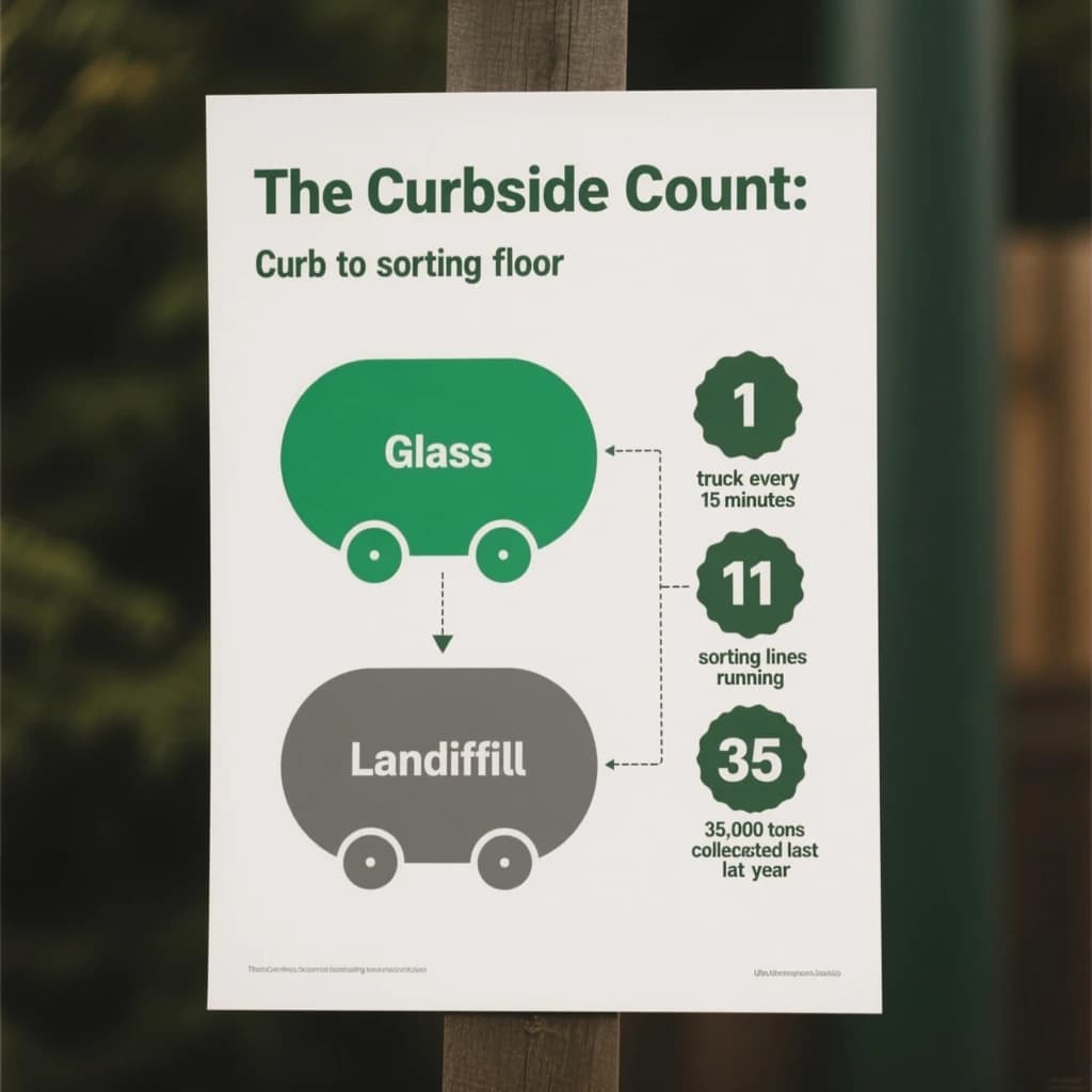 Printed poster titled "The Curbside Count": at the center a flow chart from curb to sorting floor, carrying two keyed regions, "Glass" shaded green and "Landfill" shaded gray, beside a right column of three stat chips reading "1 truck every 15 minutes", "11 sorting lines running" and "35,000 tons collected last year".