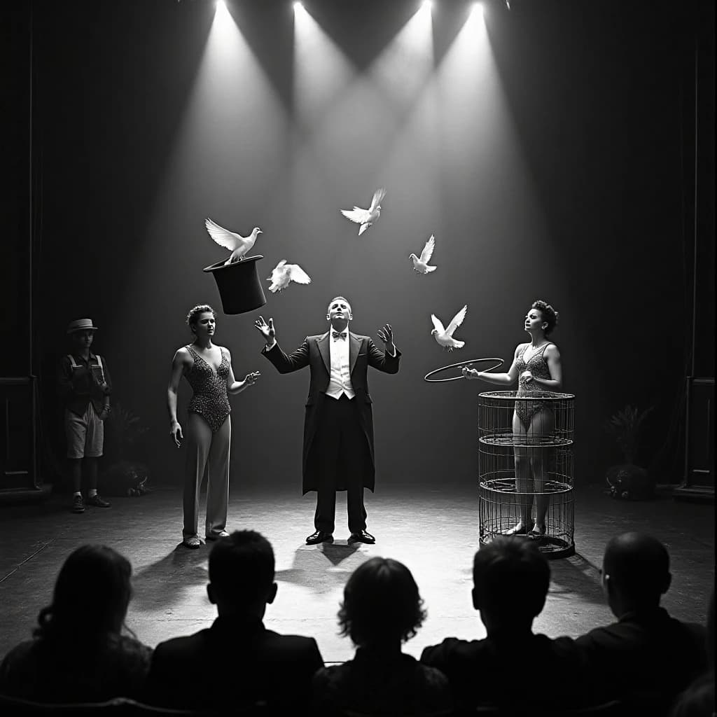 Black and white theatre still, harsh footlights raking up from below. A magician in tails stands centre stage releasing two doves from an upturned top hat, a third dove already perched on his left shoulder and a fourth settling on the wire cage at stage right. To his right an assistant in a sequined leotard holds a swaying hoop; to his left a boy in a bellhop uniform kneels holding the hat's velvet cover. In the front row, five silhouetted heads, only the second from the left leaning forward. Deep contrast, heavy silver grain, smoke drifting through the beams.