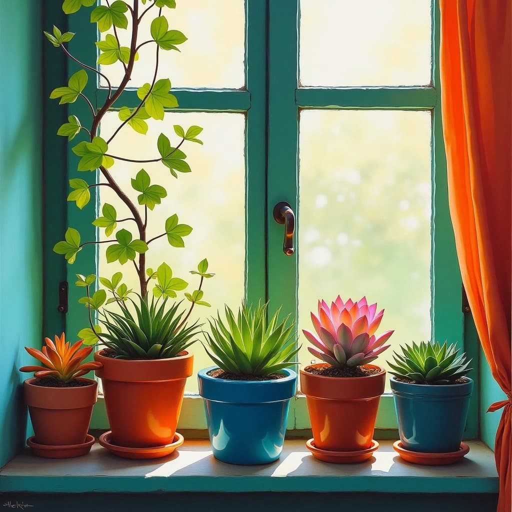 Fauvist feed post: a windowsill shelf with six potted plants, the three terracotta pots holding trailing vines and the three glazed blue pots holding upright succulents, painted in violent orange, pink and green. Only the tallest vine reaches the curtain.