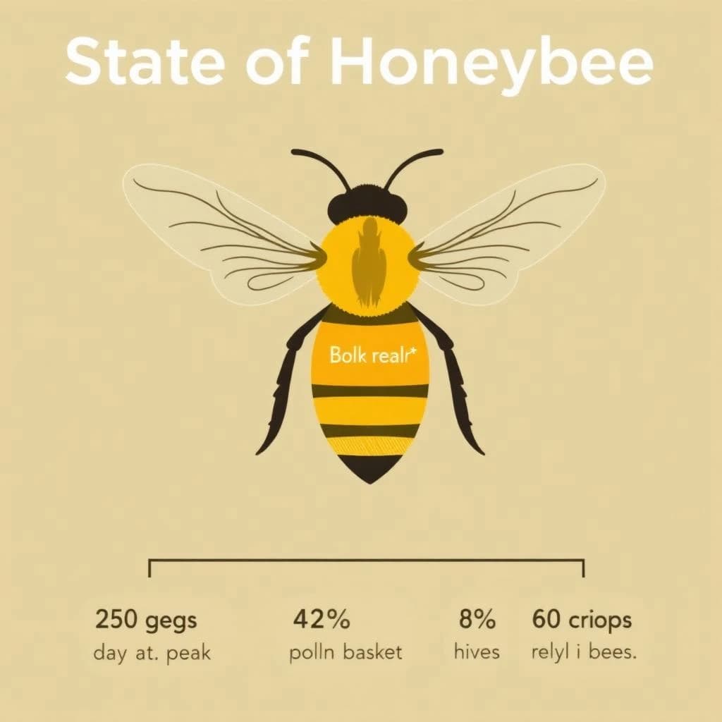 Flat vector illustration titled "State of Honeybee": at the center a labeled bee diagram, carrying three keyed regions, "Wing pair" shaded slate, "Brood cells" shaded olive and "Pollen basket" shaded amber, beside a bottom row of three stat chips reading "2,500 eggs a day at peak", "42% of hives lost last winter" and "60 crops rely on bees".