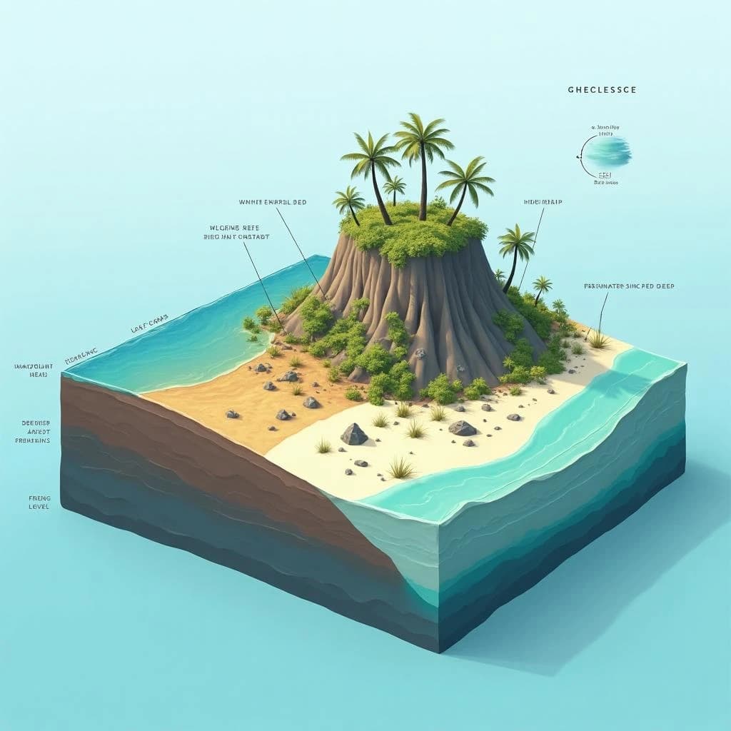 Cross section of a volcanic tropical island as a flat academic figure with clean colour blocks and a horizontal sea level line. Reading from the ocean on the left toward the right: a fringing reef crest, a shallow lagoon holding three coral heads, a white sand beach, a coconut palm belt of five trees, then a rising basalt cone with two lava layers picked out in darker grey, and a freshwater lens drawn as a pale blue dome under the middle of the island. Below sea level the flanks drop in three stepped terraces to a flat deep floor. Eight leader line labels, a depth scale down the left edge, and a small locator inset in the top right.