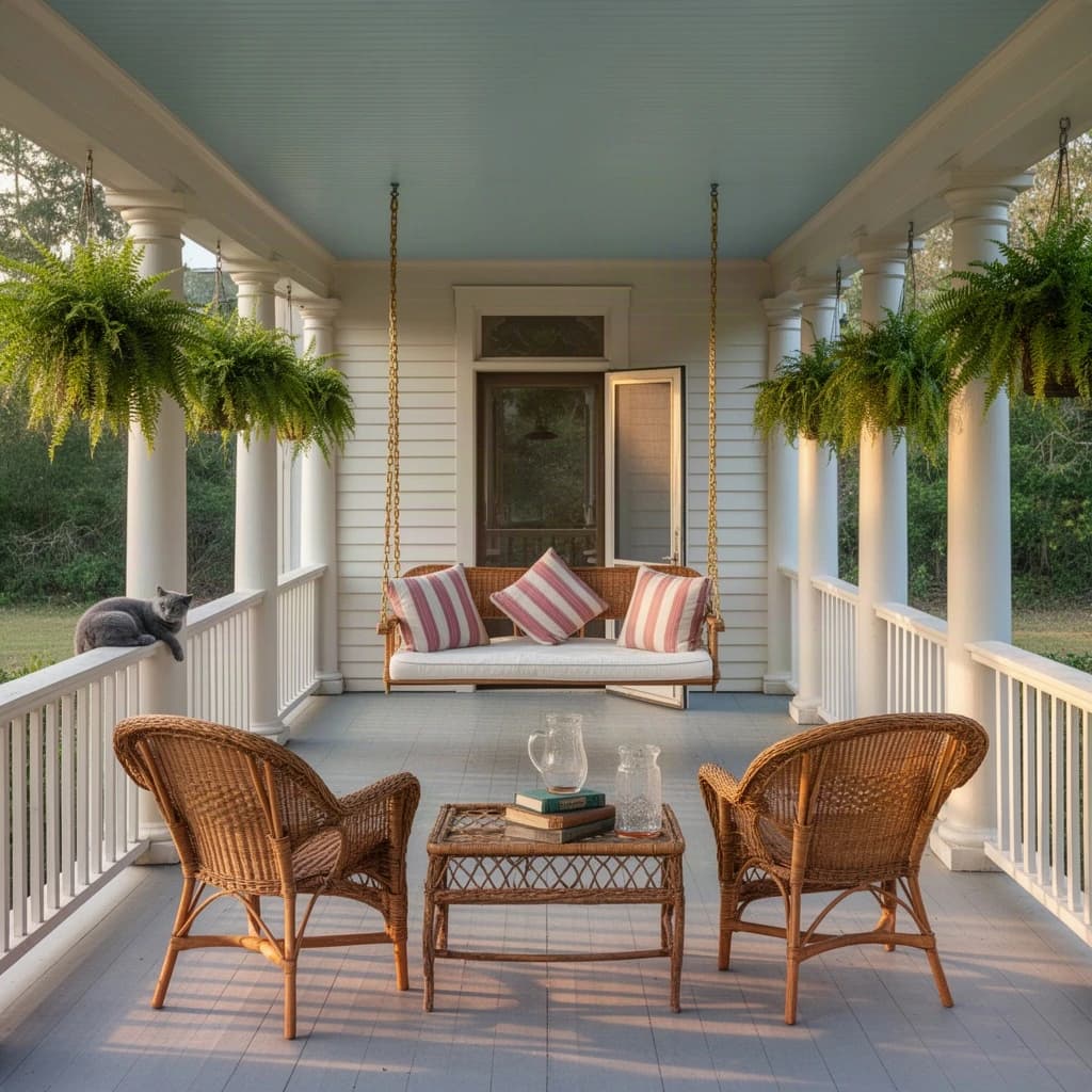 Real estate photograph of the wraparound porch on a restored Louisiana cottage, late afternoon. A cypress porch swing hangs on brass chains at the far end with three striped cushions on it, the middle cushion propped upright. Six turned columns run the length of the porch, ferns hanging between the first, third and fifth. Two wicker chairs face the swing across a low rattan table holding a stack of three books and a sweating glass pitcher. A grey cat sleeps on the rail nearest the steps, the screen door behind the swing standing half open. Low sun striping the painted floorboards, pale blue ceiling above.