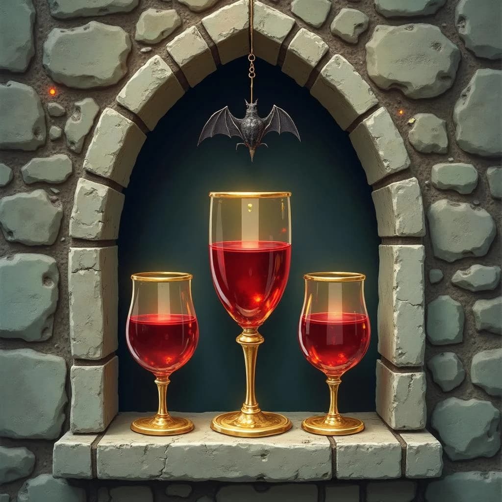 Gothic key-item illustration for a vampire card game: a stone niche with a pointed arch, three goblets on the ledge, the tall center one brimming with red wine, the two squat ones either side bone dry, and a bat hanging from the arch directly above the full goblet.
