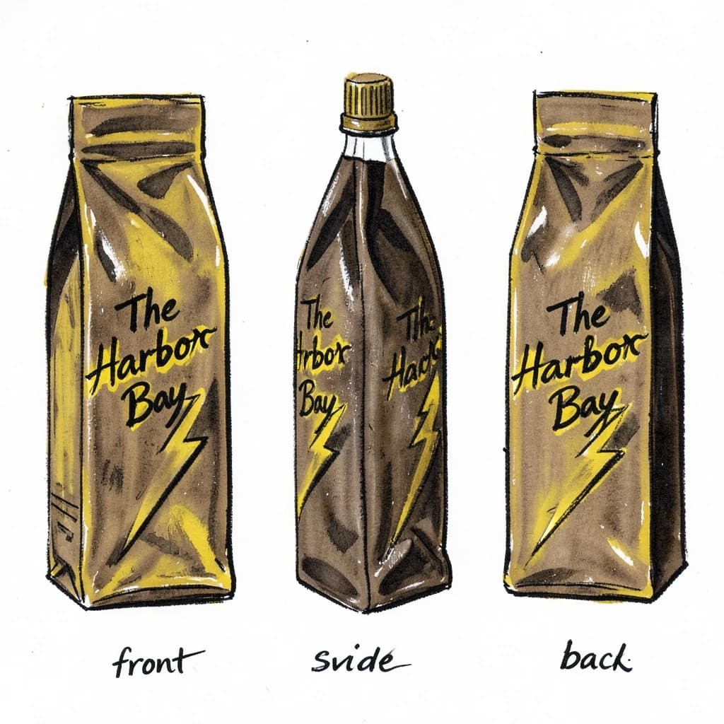 Gouache painting of the same coffee bag drawn in three views, captioned "front", "side" and "back", every view carrying the wordmark "The Harbor Bay" with a lightning-bolt symbol beside it in the same black-and-yellow coloring, only the angle changing.