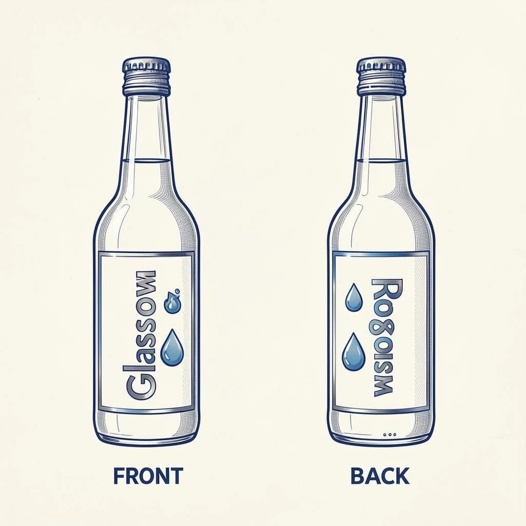 Printed poster of the same hot-sauce bottle drawn in two views, captioned "front" and "back", every view carrying the wordmark "Glass & Row" with a single droplet symbol beside it in the same blue-and-silver coloring, only the angle changing.