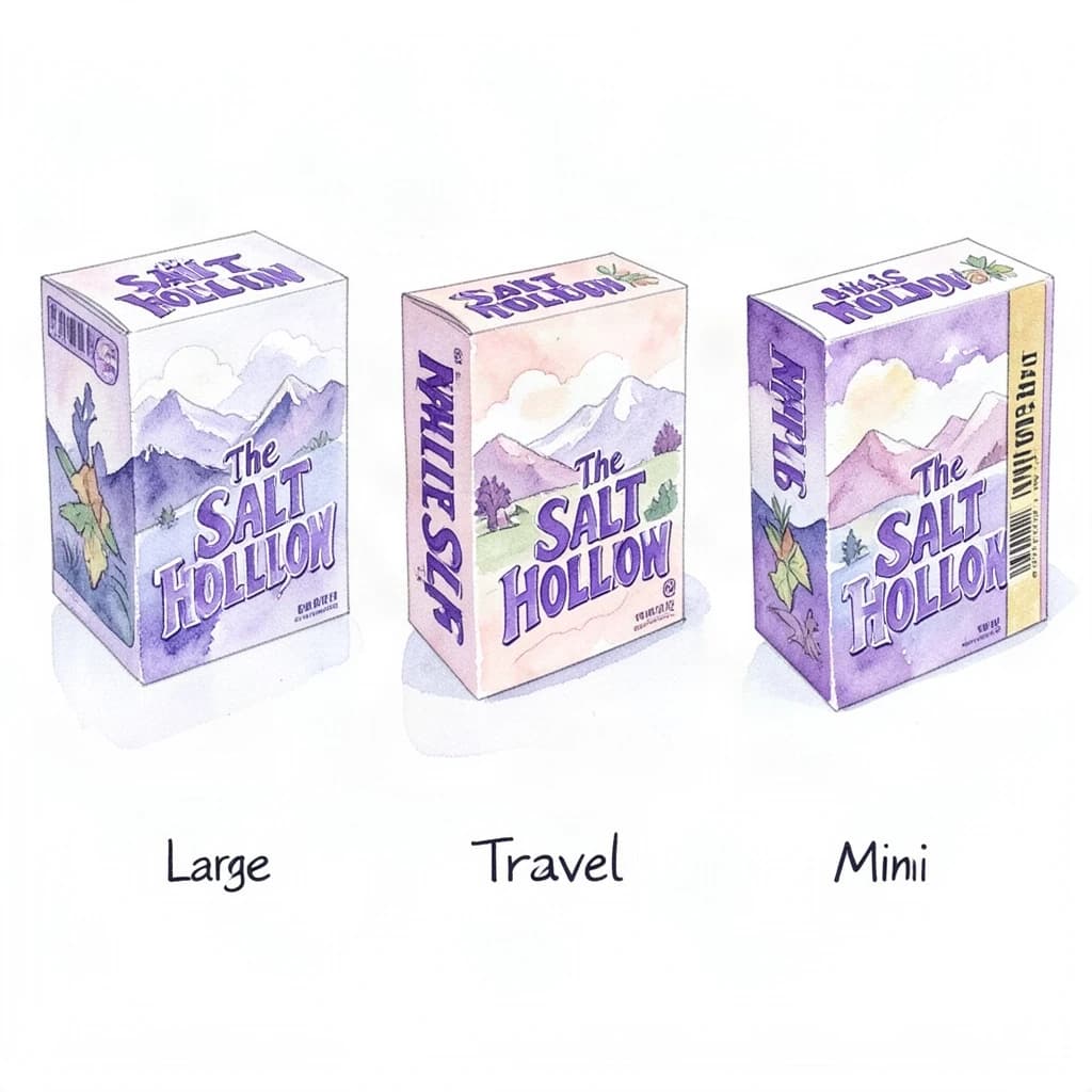 Watercolor of the same board-game box drawn in three editions, captioned "Large", "Travel" and "Mini", every edition carrying the wordmark "The Salt Hollow" in the same purple-and-white coloring, only the box size changing.
