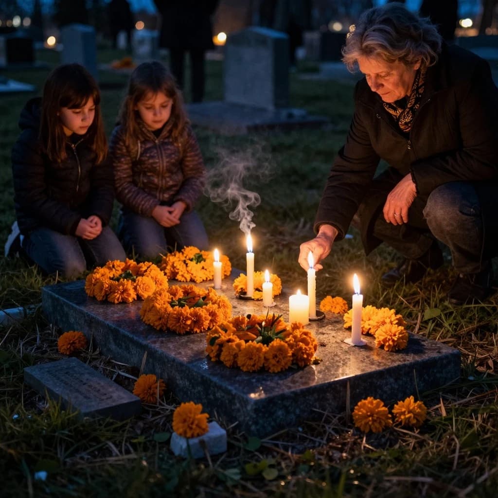 Photojournalism frame from a cemetery vigil at night: one grave slab carrying seven marigold garlands and nine lit candles, three of the candles guttered out and smoking, a grandmother and two children kneeling along the near edge.