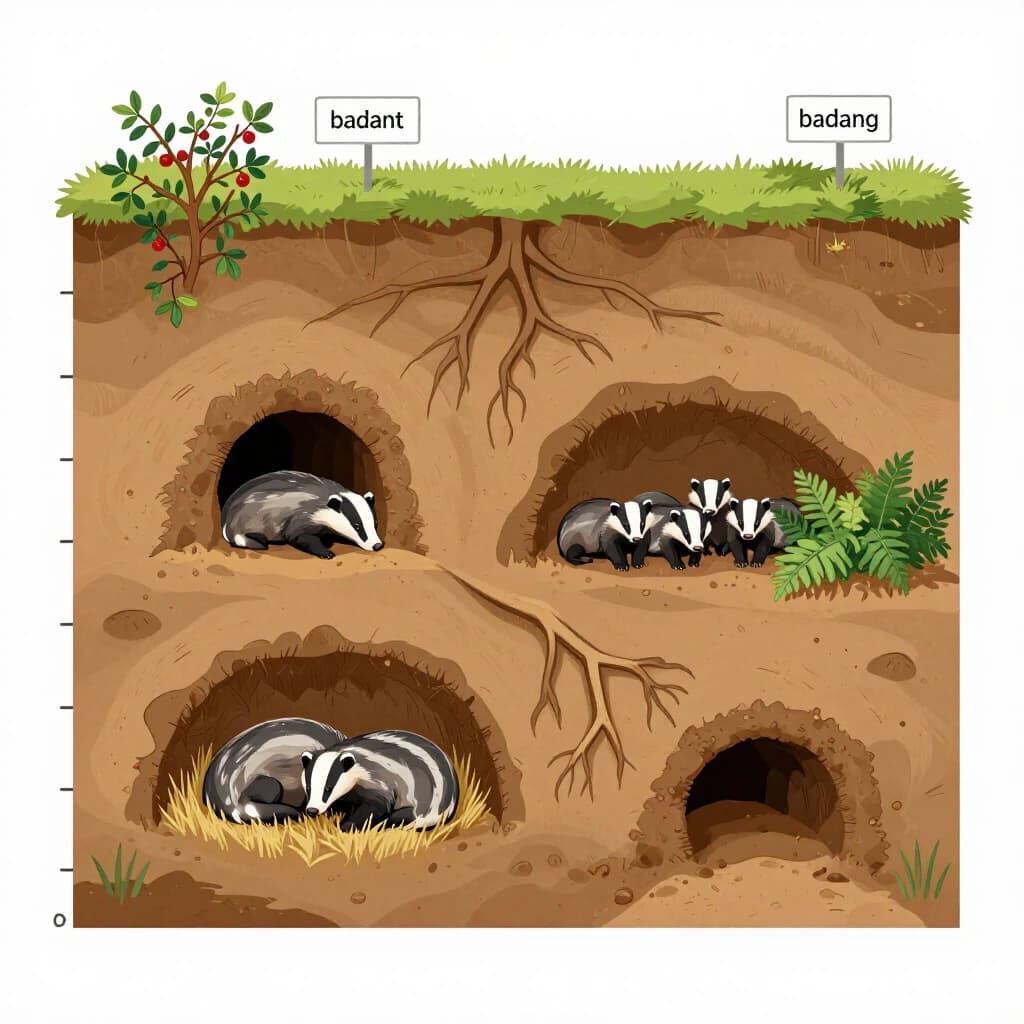 Flat vector cross-section of a badger sett cut through a hillside, soil drawn as layered ochre bands with tree roots threading through. Four chambers at different depths: the deepest lined with dry grass holding two sleeping badgers curled together, one mid level chamber standing empty, one holding three cubs, and a shallow chamber used for bedding storage. Five tunnels connect them, and two entrances break the surface, the left one under a hawthorn and the right one screened by bracken. Labels sit outside the soil profile on hairline leaders, with a depth scale in metres down the left edge.