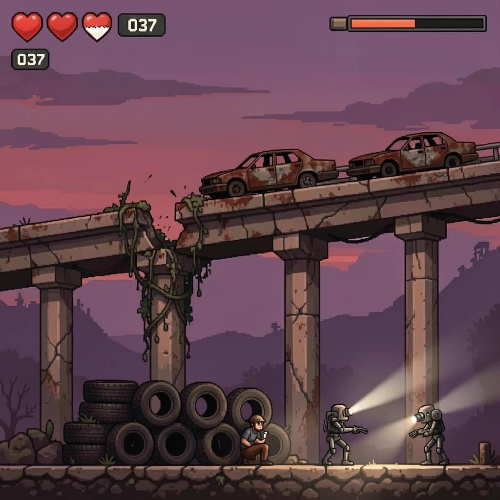 Side-scrolling pixel art screenshot from a post-apocalyptic survival platformer, dusk palette of rust and violet. A collapsed highway overpass cuts diagonally across the frame on four concrete support pillars, the second from the left snapped in half and wrapped in vines. On the deck above sit three burnt-out cars nose to tail, only the middle one still upright. Below, the player crouches behind a barricade of five stacked tires while two scavenger drones sweep flashlight cones in from the right. Top-left interface: three heart icons with the last half empty, a scrap counter reading "037", and a thin compass strip.