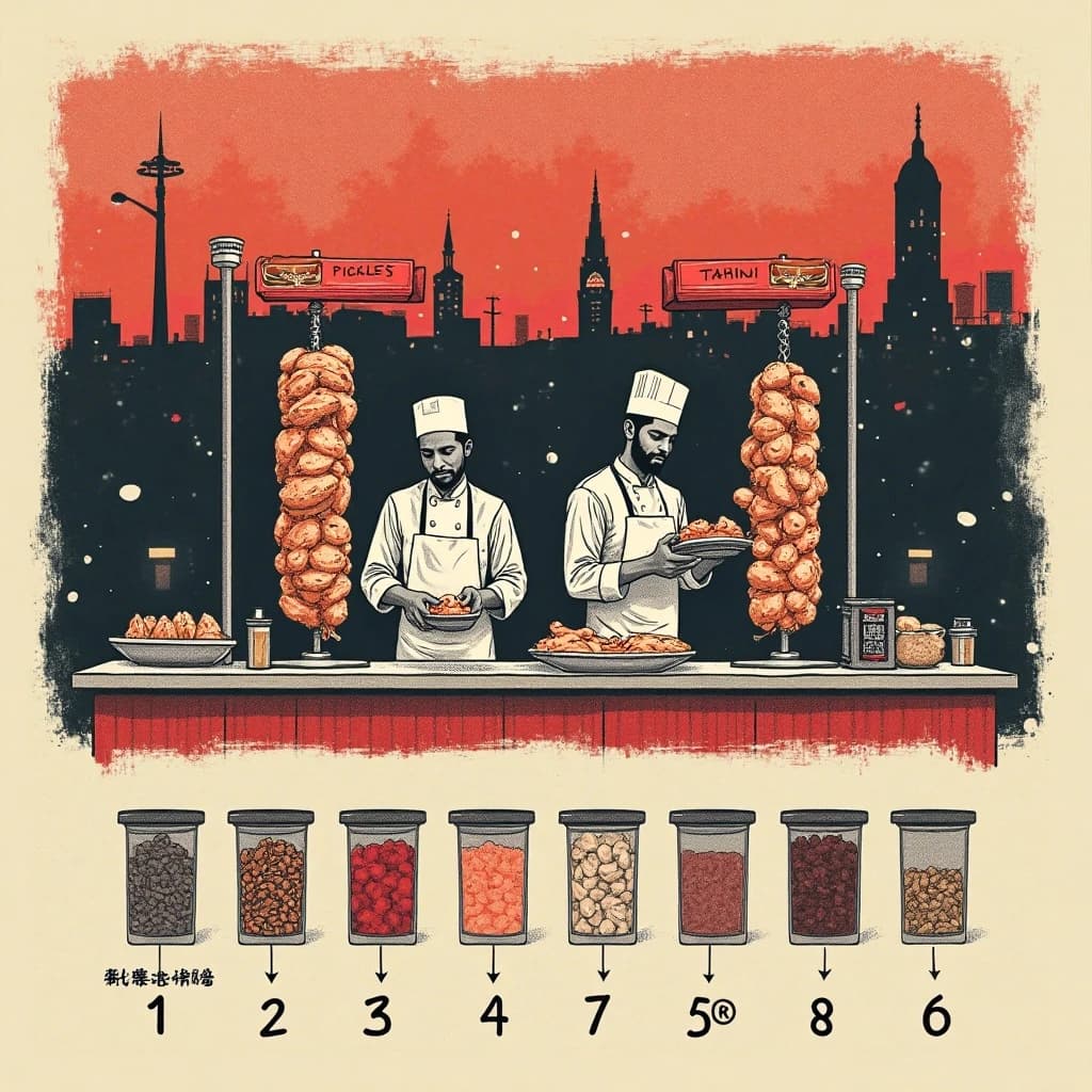 Editorial halftone print diagram of a street shawarma stall at dusk, printed in charcoal, warm red and cream dots. Two vertical spits stand side by side behind the counter, chicken on the left and lamb on the right, the lamb cone noticeably wider. One cook shaves meat from the lamb into a tray while a second cook passes a wrapped sandwich across the counter to a customer. Five garnish bins run along the counter labelled "Pickles", "Tomato", "Onion", "Tahini", "Chilli", with numbered callouts one to five pointing at them.