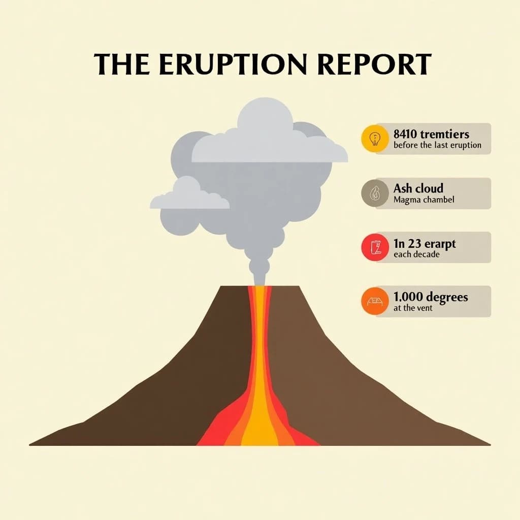 Flat vector illustration titled "The Eruption Report". A cutaway cone sits at the center, carrying three keyed regions, "Lava channel" shaded red, "Ash cloud" shaded gray and "Magma chamber" shaded orange. Three stat chips run down a right column, reading "810 tremors before the last eruption", "1 in 23 erupt each decade" and "1,000 degrees at the vent". Each key color matches the shading of the region it names.