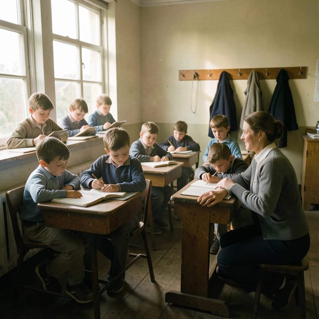 Documentary photograph inside a 1961 rural schoolhouse, late afternoon sun through tall windows. Twelve pupils at six shared wooden desks, two to a desk: the four in the window row copy from slates, the four in the middle row have open exercise books, the four along the back wall are turned around watching. The teacher, a woman in a grey cardigan with chalk dust on her sleeve, kneels beside the desk nearest the door, one hand steadying a boy's pencil. Four wall hooks behind her hold three coats, the middle hook bare. Warm dust in the light, fine grain, nobody posing.