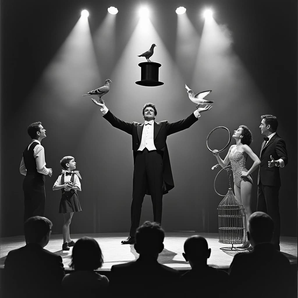 Black and white theatre still, harsh footlights raking up from below. A magician in tails stands centre stage releasing two doves from an upturned top hat, a third dove already perched on his left shoulder and a fourth settling on the wire cage at stage right. To his right an assistant in a sequined leotard holds a swaying hoop; to his left a boy in a bellhop uniform kneels holding the hat's velvet cover. In the front row, five silhouetted heads, only the second from the left leaning forward. Deep contrast, heavy silver grain, smoke drifting through the beams.