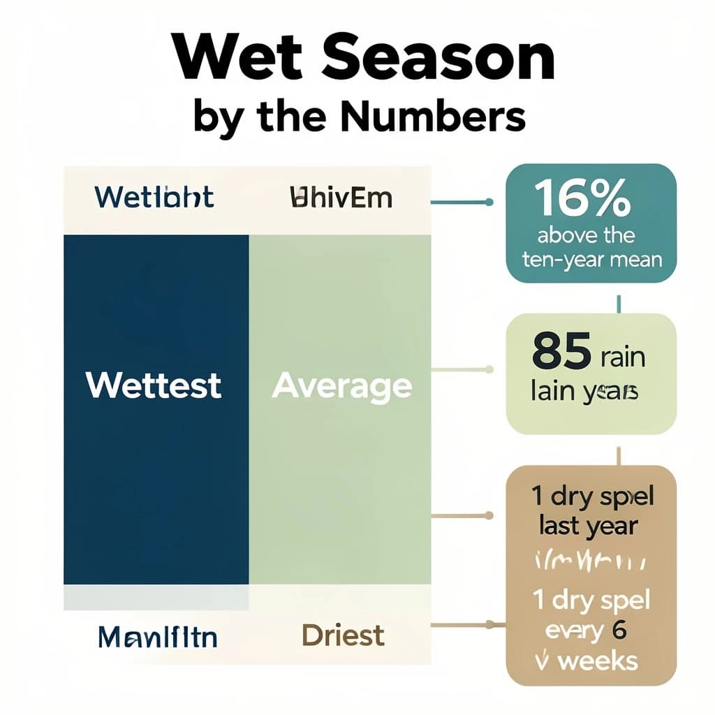 Flat vector illustration titled "Wet Season by the Numbers". A twelve-month rainfall timeline sits at the center, carrying three keyed regions, "Wettest" shaded dark blue, "Average" shaded pale green and "Driest" shaded sand. Three stat chips run down a right column, reading "16% above the ten-year mean", "85 rain days last year" and "1 dry spell every 6 weeks". Each key color matches the shading of the region it names.