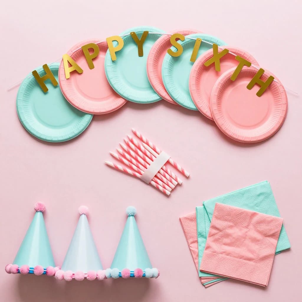 Flat lay photograph on pale pink paper, lit softly from above.
Eight paper plates fanned in an arc across the top of the frame, alternating mint and coral, four of each, mint first from the left.
Below the arc, twelve striped candles bundled under a paper band, laid diagonally.
Three cone party hats stacked at the lower left, only the middle hat trimmed with a pom pom.
At the lower right, six folded napkins in two piles of three, one pile mint and one coral.
A paper banner strung across the very top spells "HAPPY SIXTH" in gold letters, a few letters overlapping the plate arc.