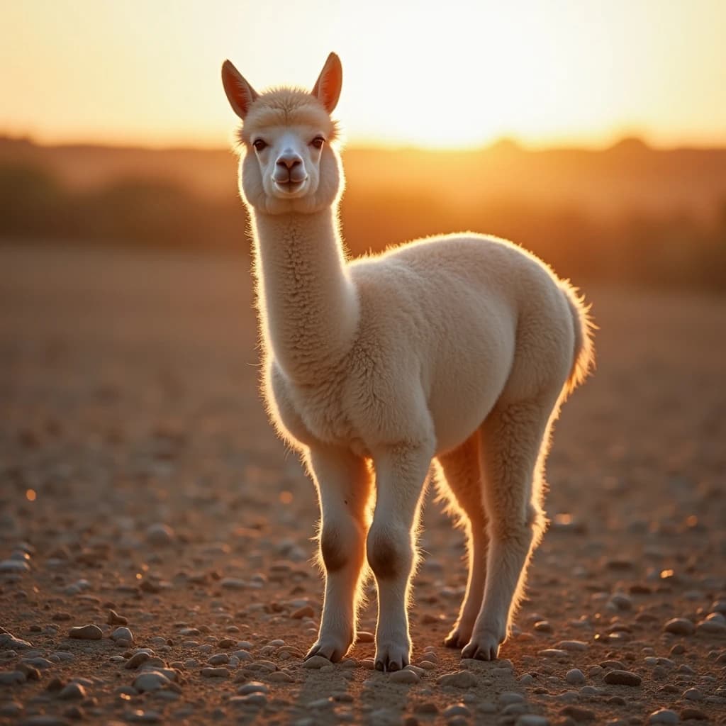 quiet alpaca on cracked earth, backlit
