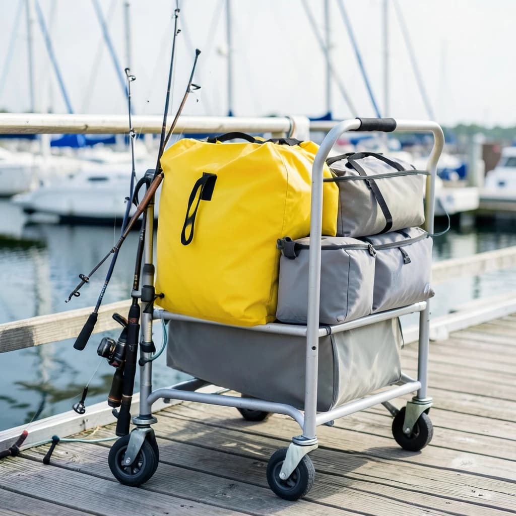 Lifestyle listing photo on a marina dock: a folding dock cart holding three dry bags, the largest yellow and the two smaller ones grey, two fishing rods leaning against the handle, and one coiled dock line hanging from the front rail. Masts blurred behind.
