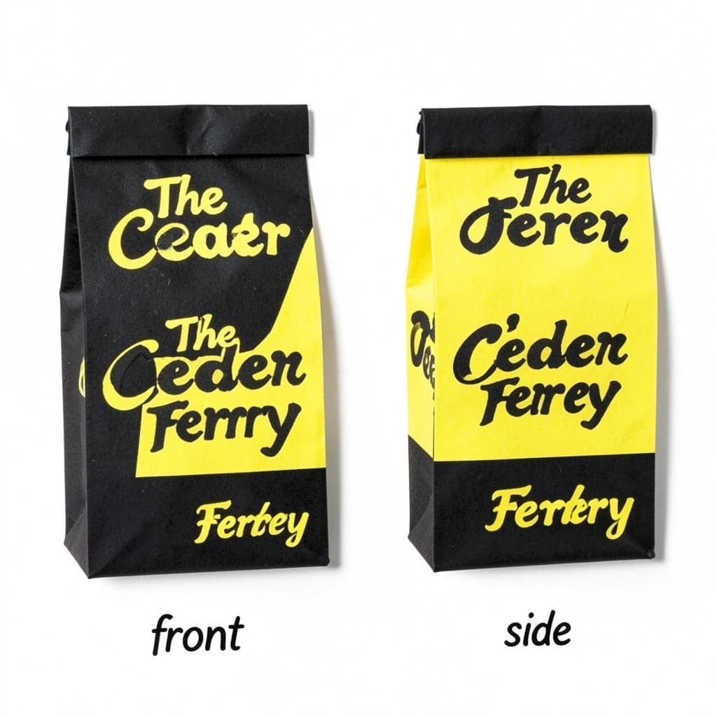 Cut-paper collage: one coffee bag in two views. The views are captioned "front" and "side" in that order. The wordmark "The Cedar Ferry" appears on every view. The black-and-yellow coloring is the same across every view, and only the angle changes.