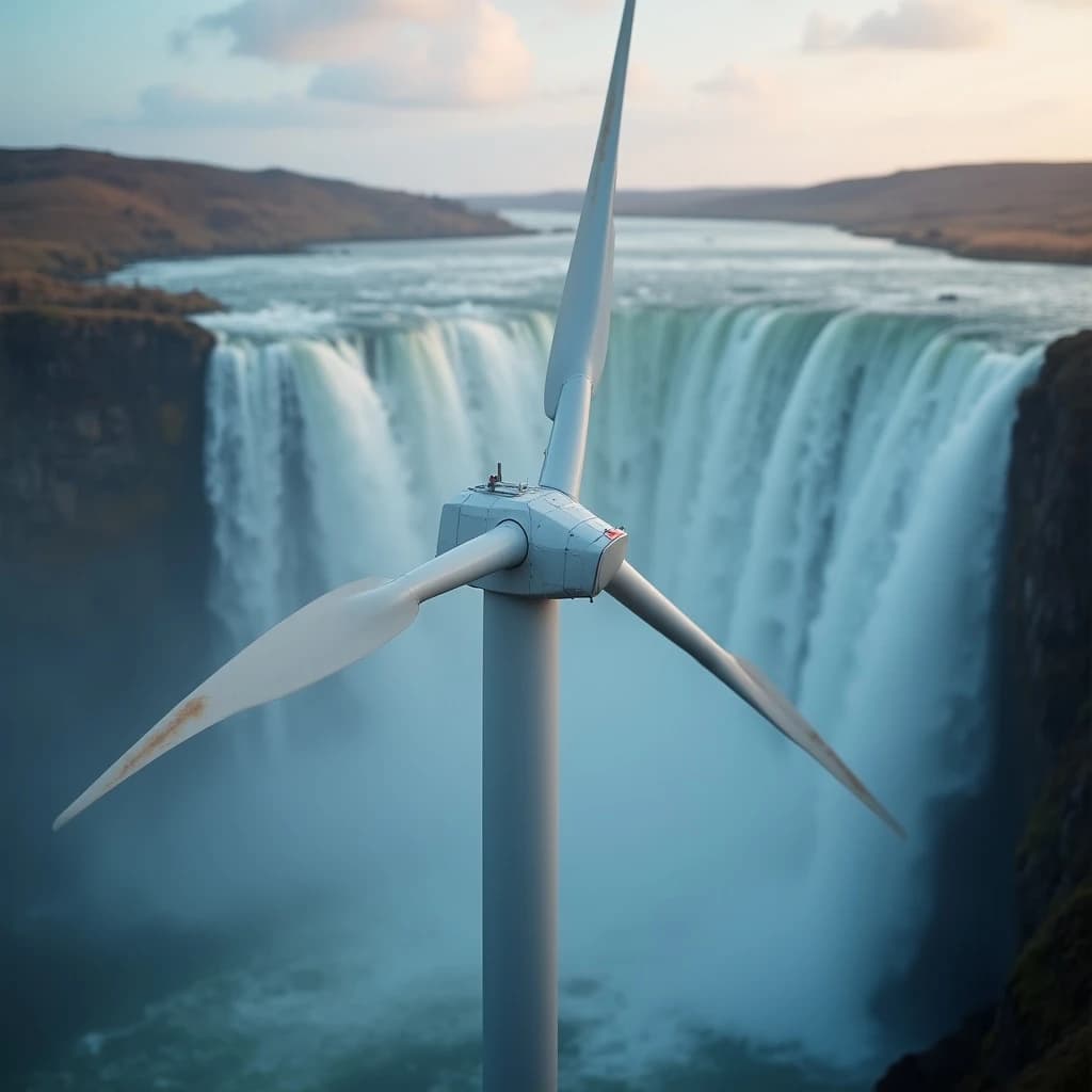200mm f/1.4 close-up framing of a wind turbine beside a waterfall, lit by bounced light, deep focus, soft pastel color grade