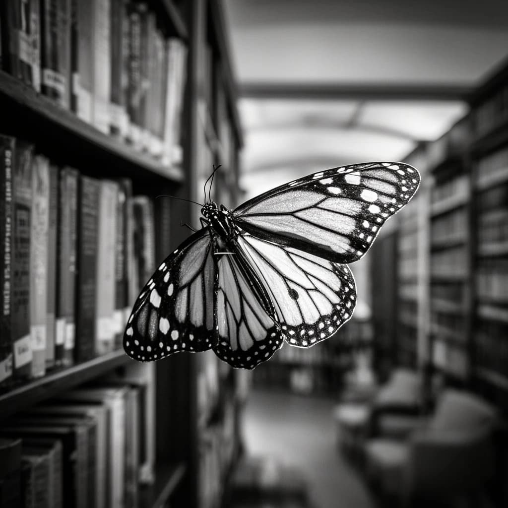 24mm f/2.8 full-length framing of a monarch butterfly in a quiet library, side-lit, natural lens compression, high-contrast black-and-white look