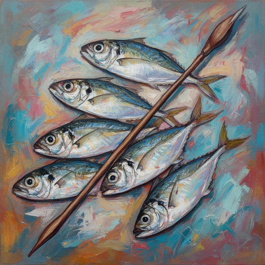 Butterfish and Spear in Sri Jayawardenepura Kotte, Sri Lanka in the style of abstract